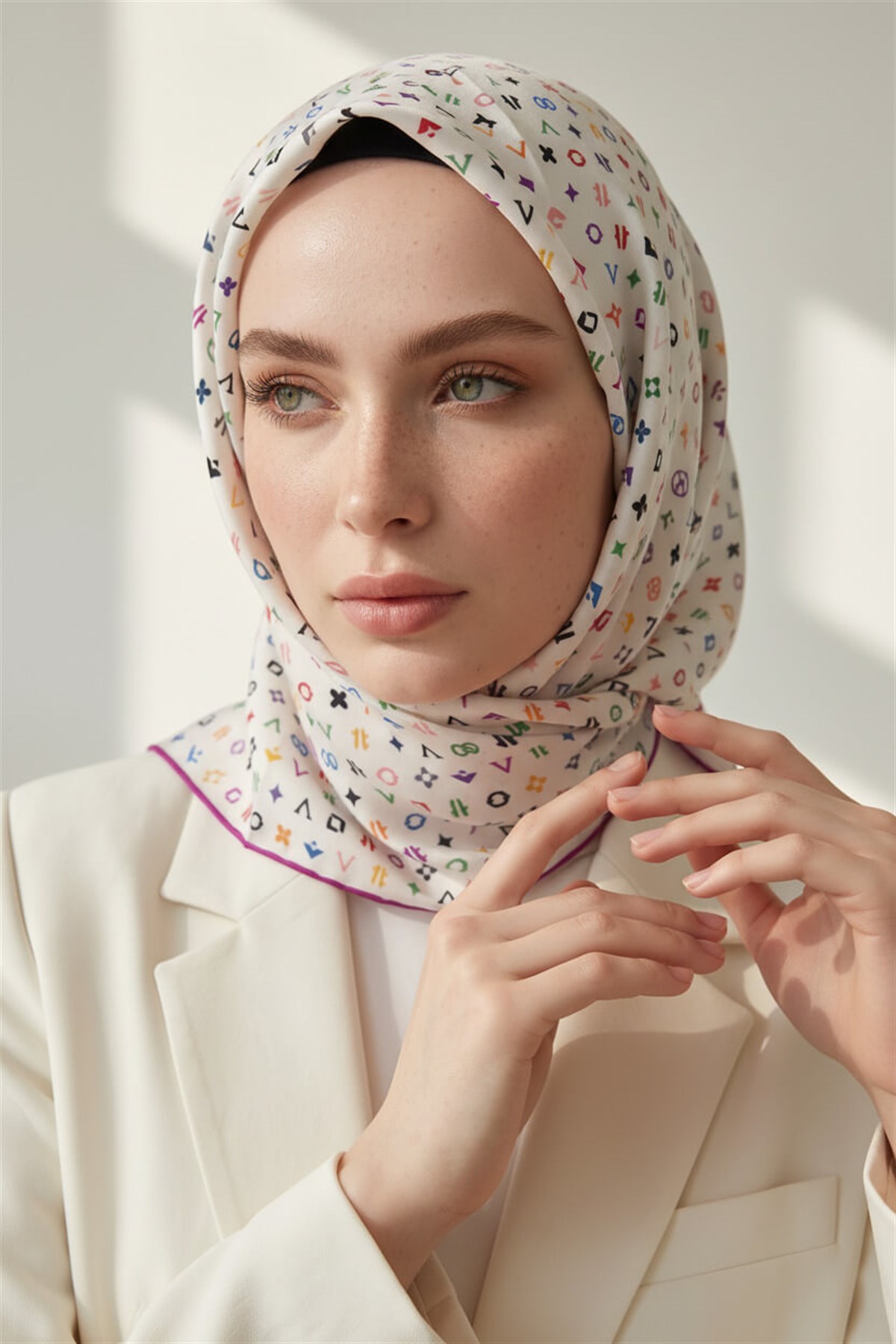 %100 Twill İpek Çıtır Motif Desenli Krem - Fuşya Renkli 90x90 Eşarp Dikim Şekli : El Dikişi