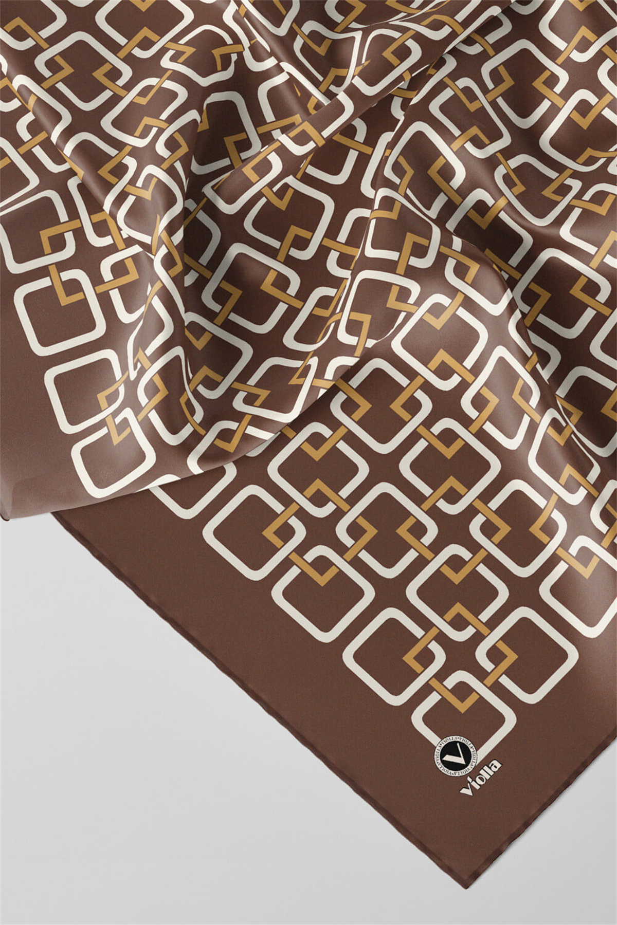 Twill Geometrik Desenli Bakır Renkli 90x90 Eşarp (İpek İçermez) Kenar Dikiş Şekli El Dikişli