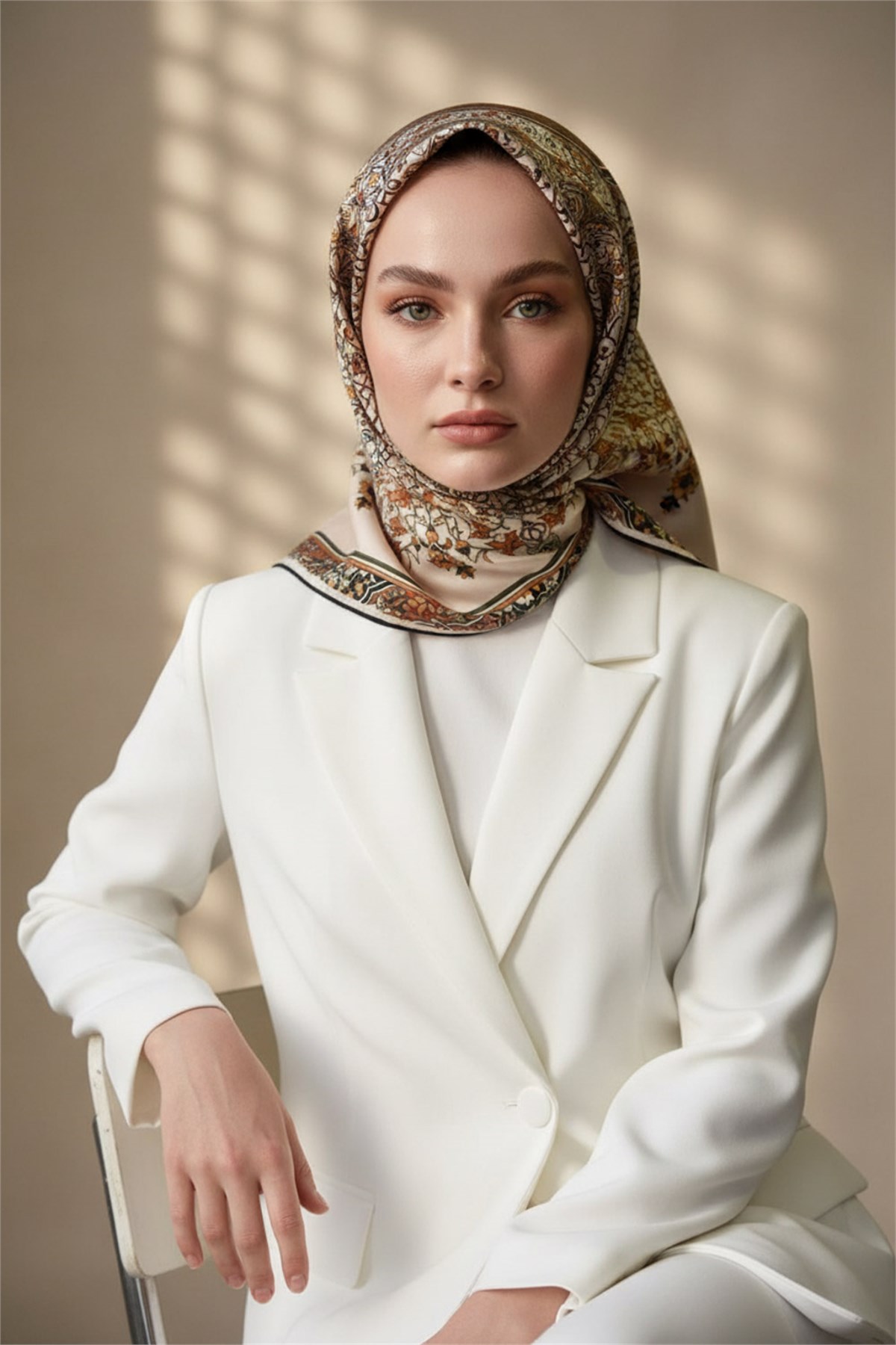 %100 Twill İpek Şal Desenli Bakır Renkli 90x90 Eşarp Dikim Şekli : El Dikişi