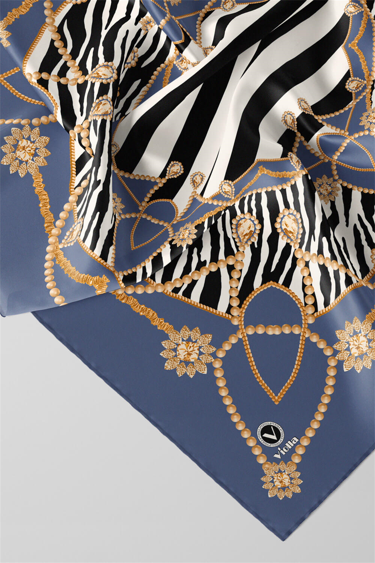 Twill Gold Detaylı Zebra Desenli İndigo Renkli 90x90 Eşarp (İpek İçermez) Kenar Dikiş Şekli El Dikişli