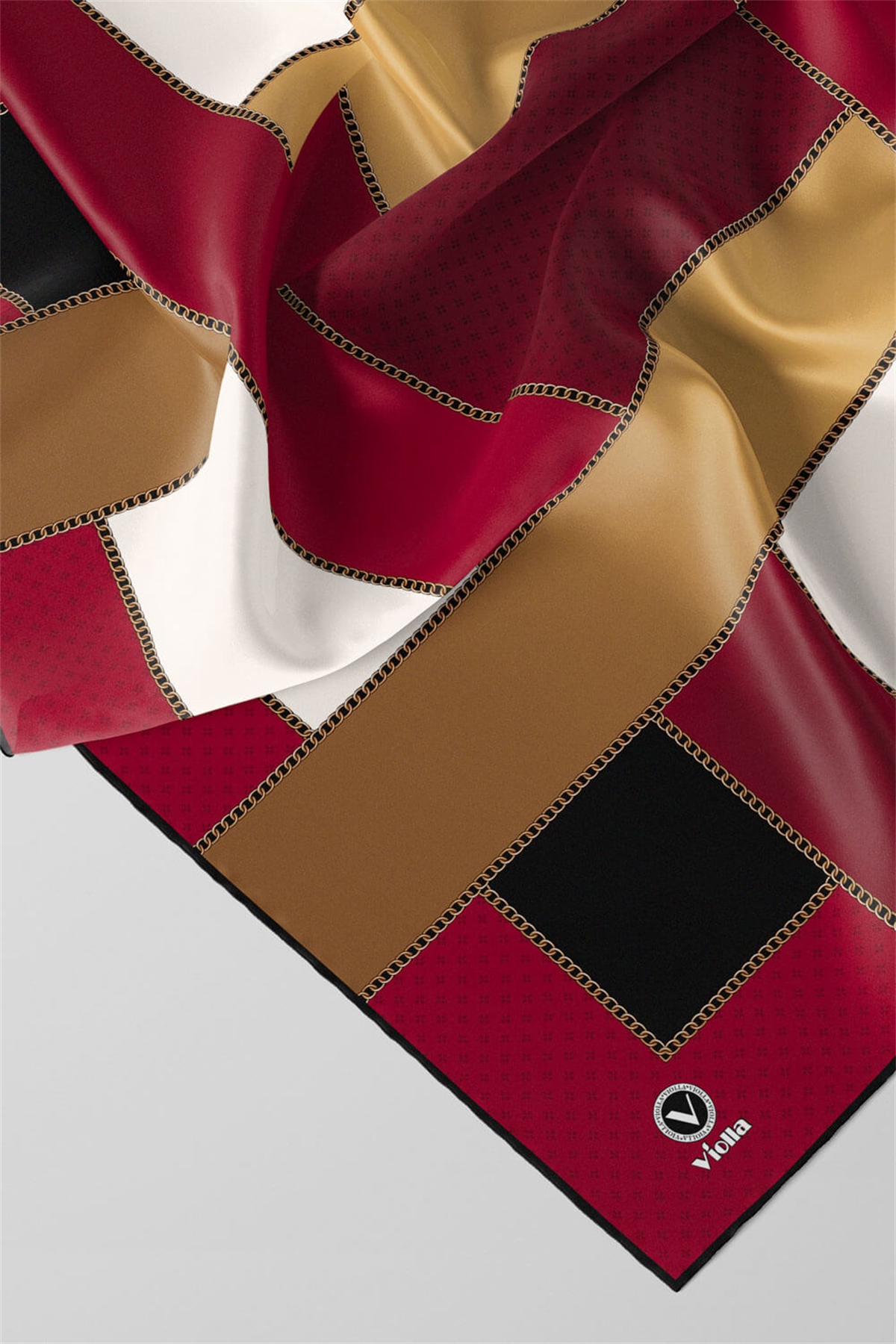 Twill Geometrik Desenli Taba - Bej Renkli 90x90 Eşarp (İpek İçermez) Kenar Dikiş Şekli El Dikişli