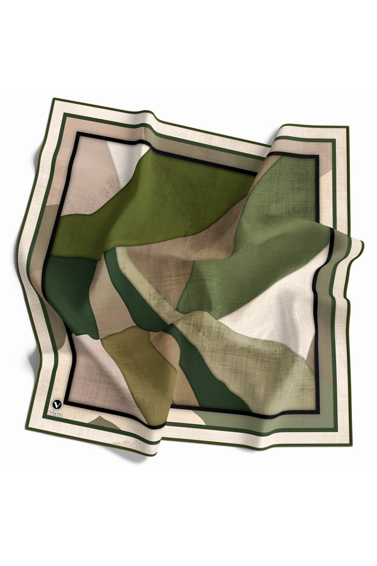 Twill Geometrik Desenli Haki Renkli 90x90 Eşarp (İpek İçermez) Kenar Dikiş Şekli El Dikişli