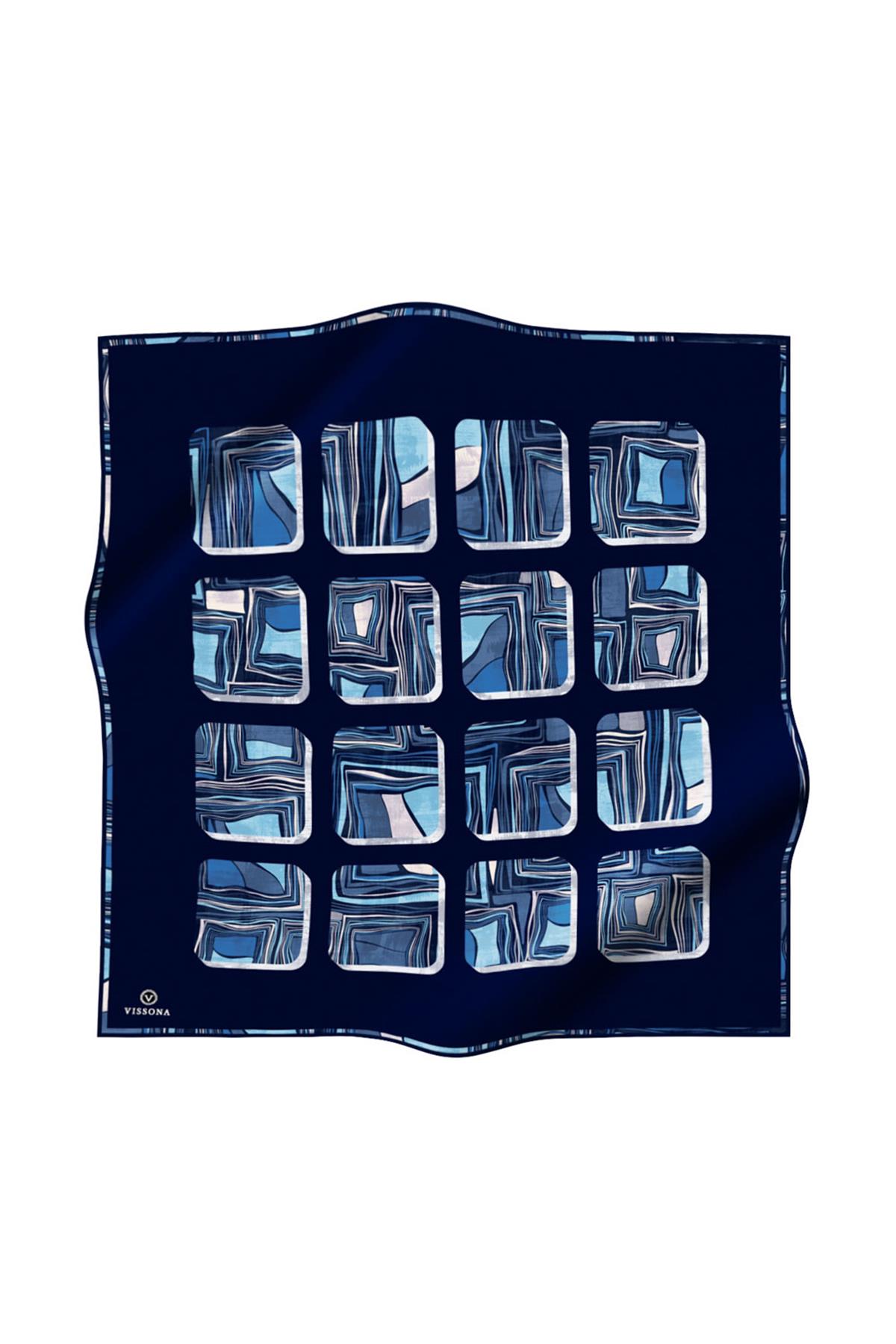 %100 Twill İpek Geometrik Kare Desenli İndigo - Lacivert Renkli 90x90 Eşarp Dikim Şekli : El Dikişi