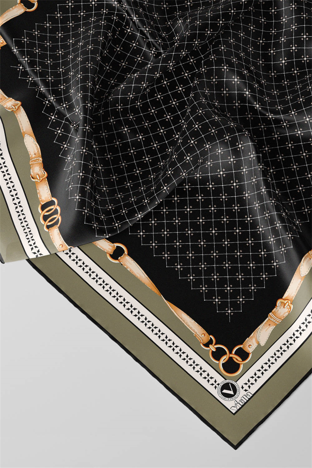Twill Kemerli ve Çıtır Motifli Desenli Haki Renkli 90x90 Eşarp (İpek İçermez) Dikim Şekli : El Dikişi