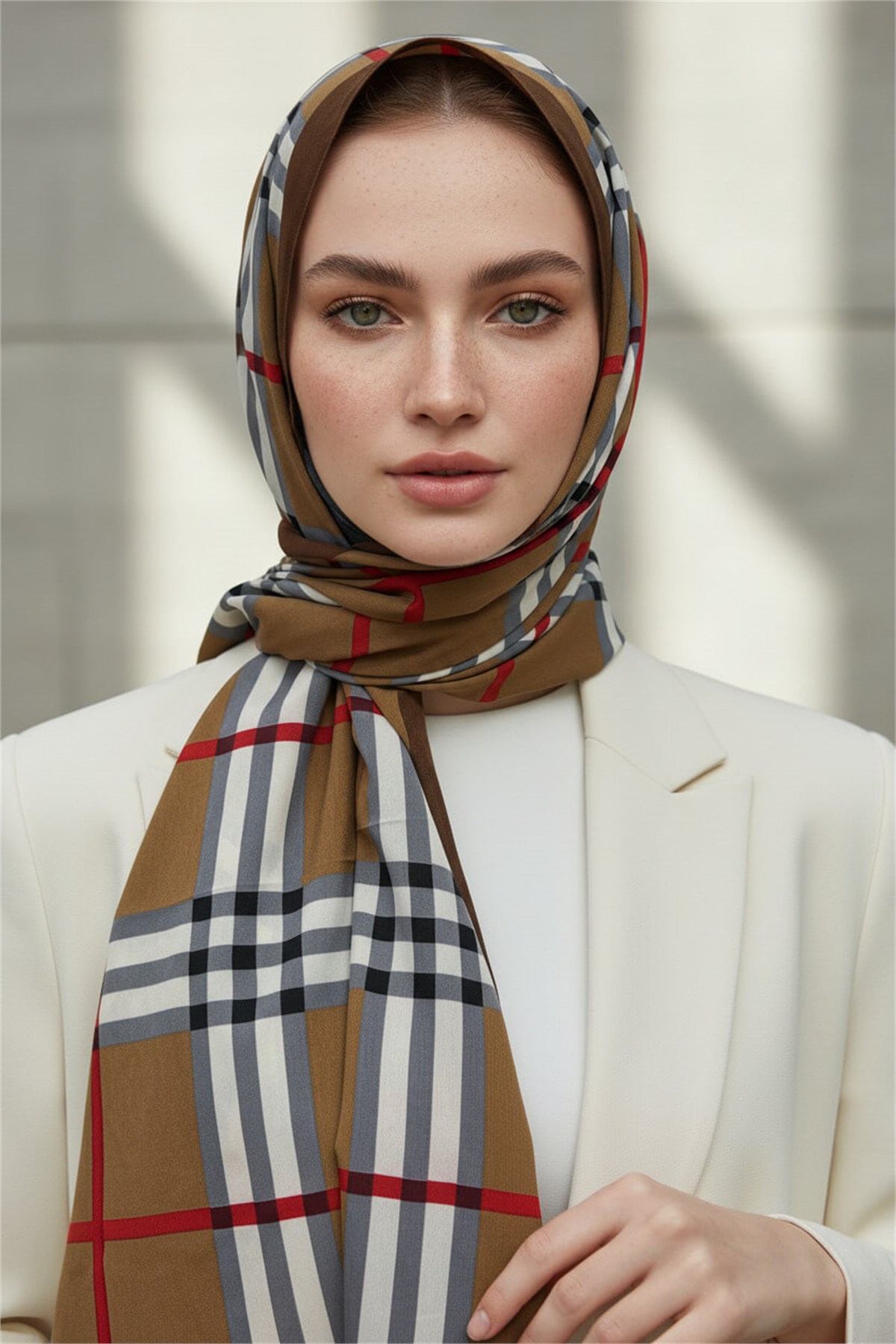 Krep Şal 75x195 Kahverengi Ekose Desenli Kırışmaz Kadın Şal
