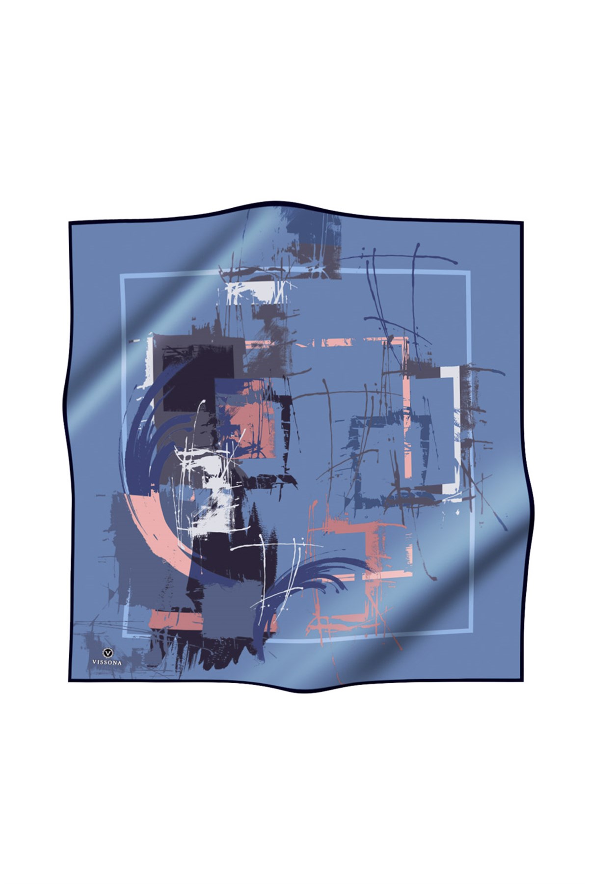 %100 Twill İpek Geometrik Desenli İndigo - Gül Kurusu Renkli 90x90 Eşarp Dikim Şekli : El Dikişi