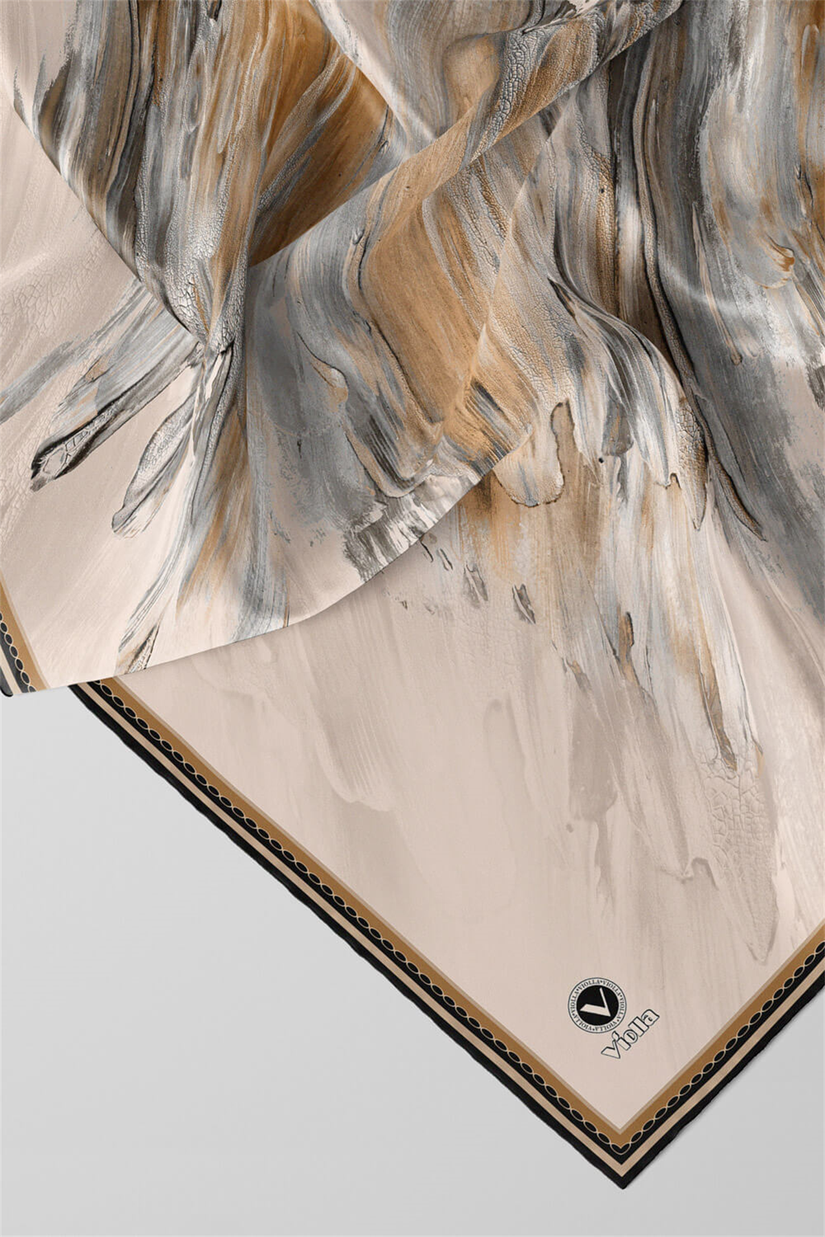Twill Fırça Darbesi Desenli Bej Renkli 90x90 Eşarp (İpek İçermez) Dikim Şekli : El Dikişi