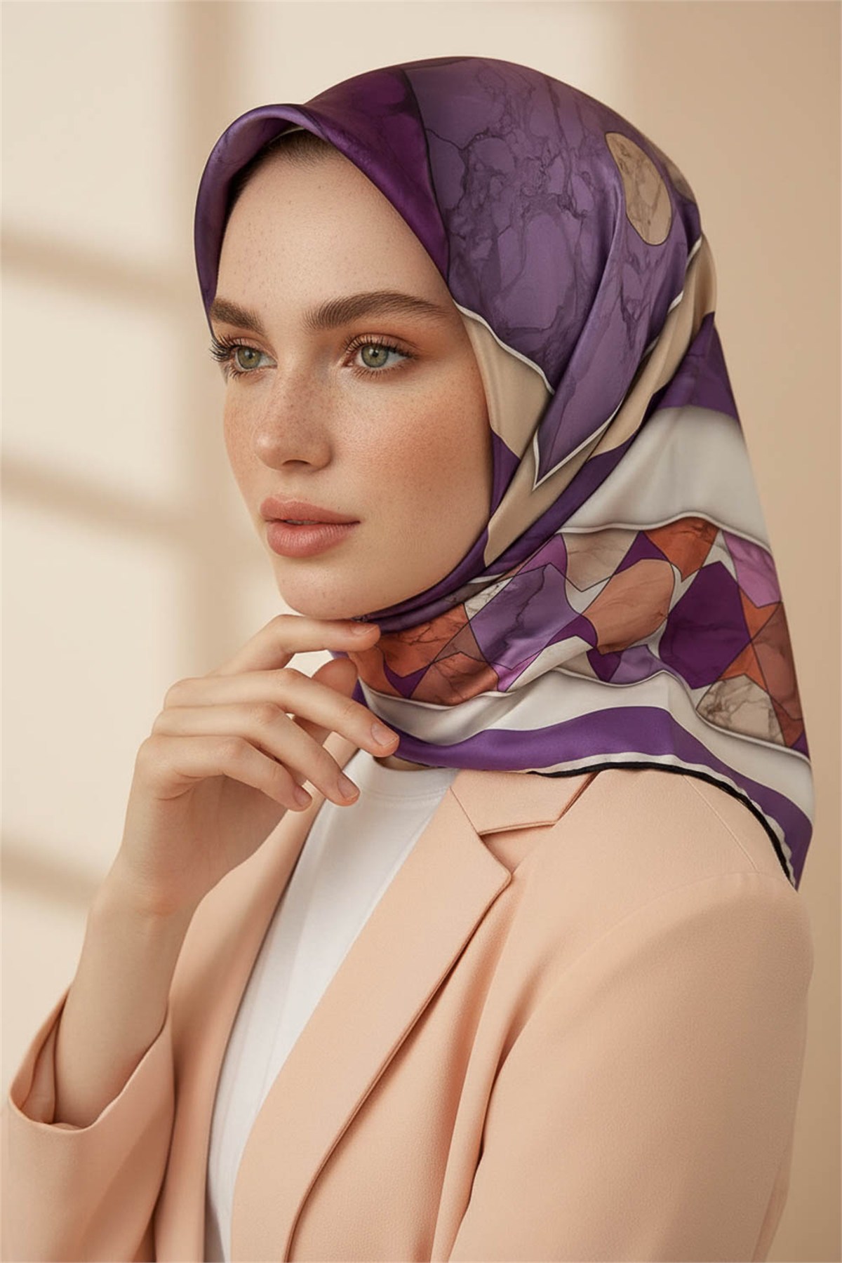 Rayon Geometrik Mermer Desenli Lila Renkli 90x90 Eşarp (İpek İçermez) Kenar Dikiş Şekli El Dikişli