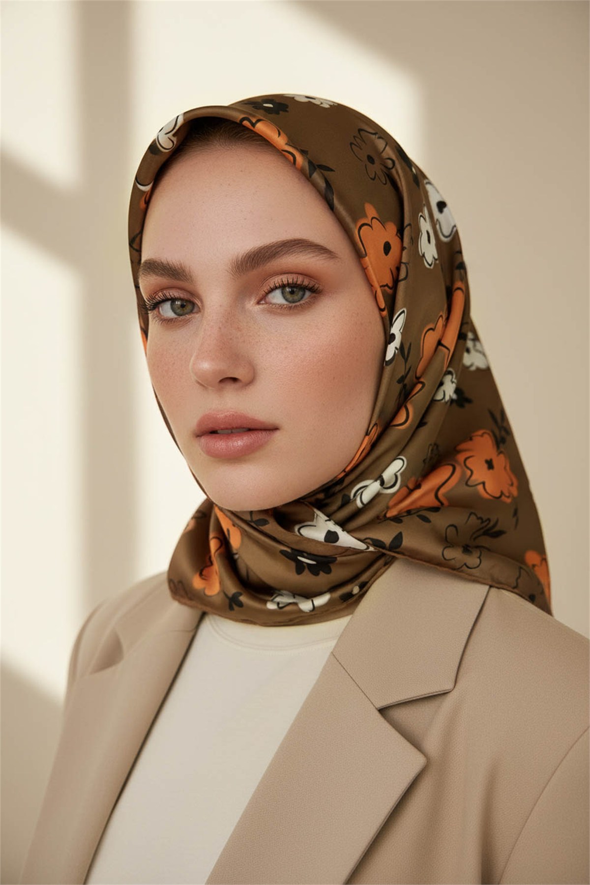 Rayon Papatya Desenli Vizon Renkli 90x90 Eşarp (İpek İçermez) Kenar Dikiş Şekli El Dikişli