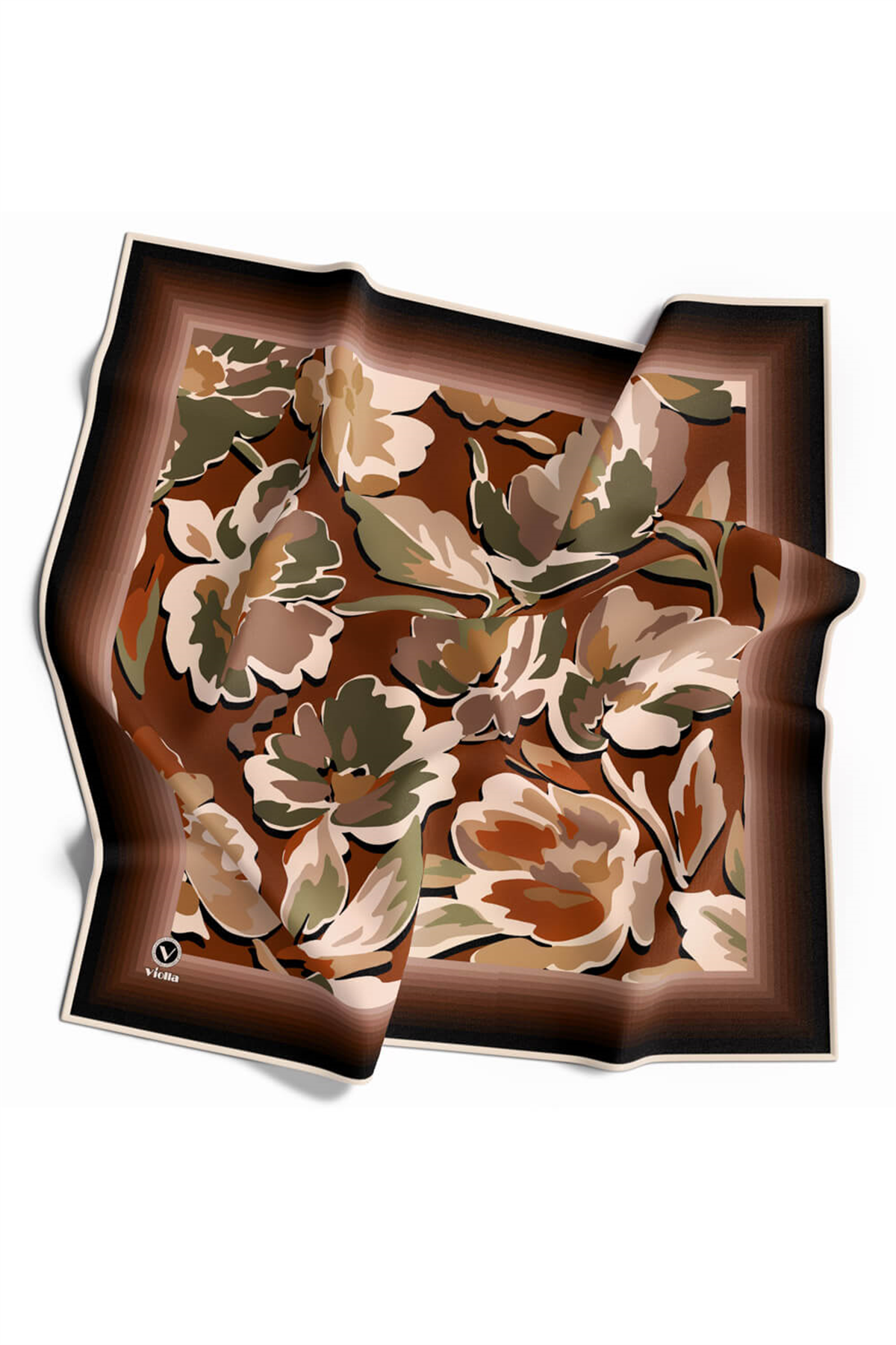 Rayon Büyük Çiçekli Taba Renkli 90x90 Eşarp (İpek İçermez) Kenar Dikiş Şekli El Dikişli