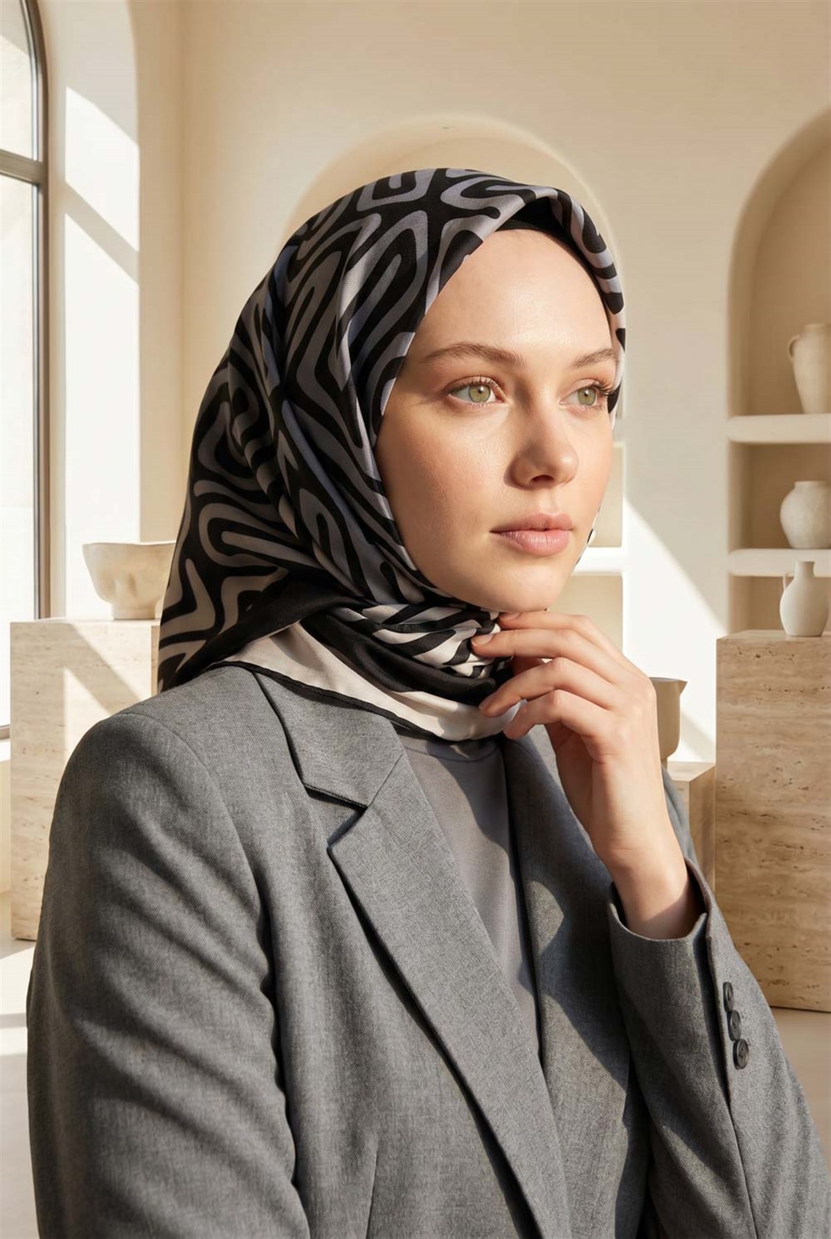 100% Twill İpek Bordürlü Dalga Desenli Siyah - Gri Renkli 90x90 Dikim Şekli : El Dikişi Eşarp