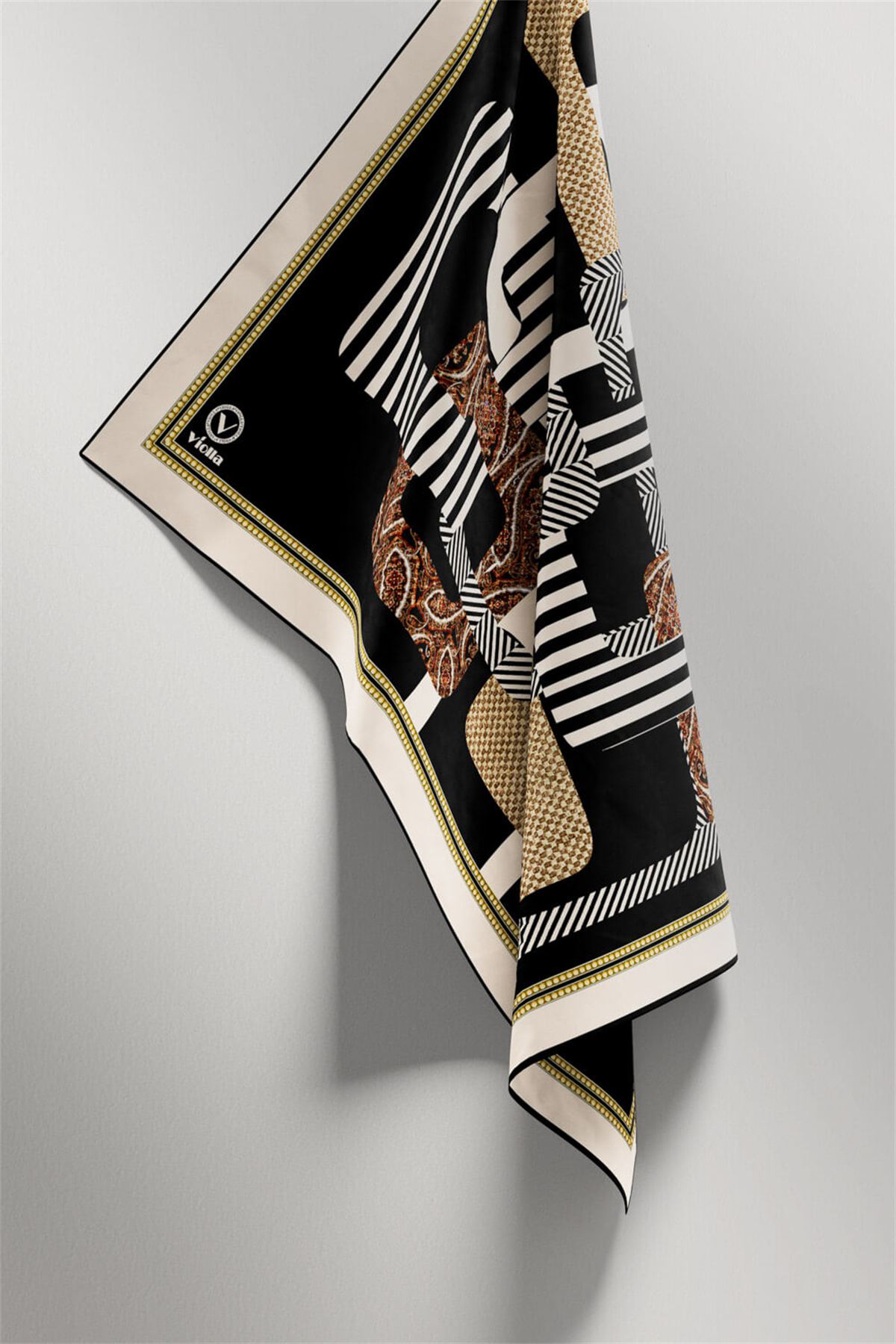 Twill Geometrik Desenli Siyah Renkli 90x90 Eşarp (İpek İçermez) Kenar Dikiş Şekli El Dikişli