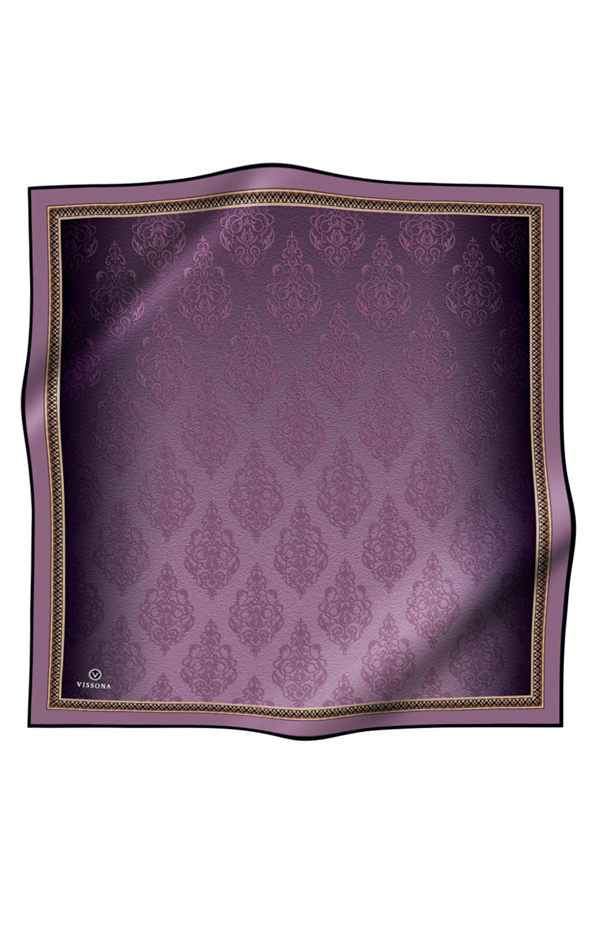 % 57 İPEK % 43 VİSKON Twill Barok Desenli Lila Renkli 90x90 Eşarp Dikim Şekli: El Dikişi