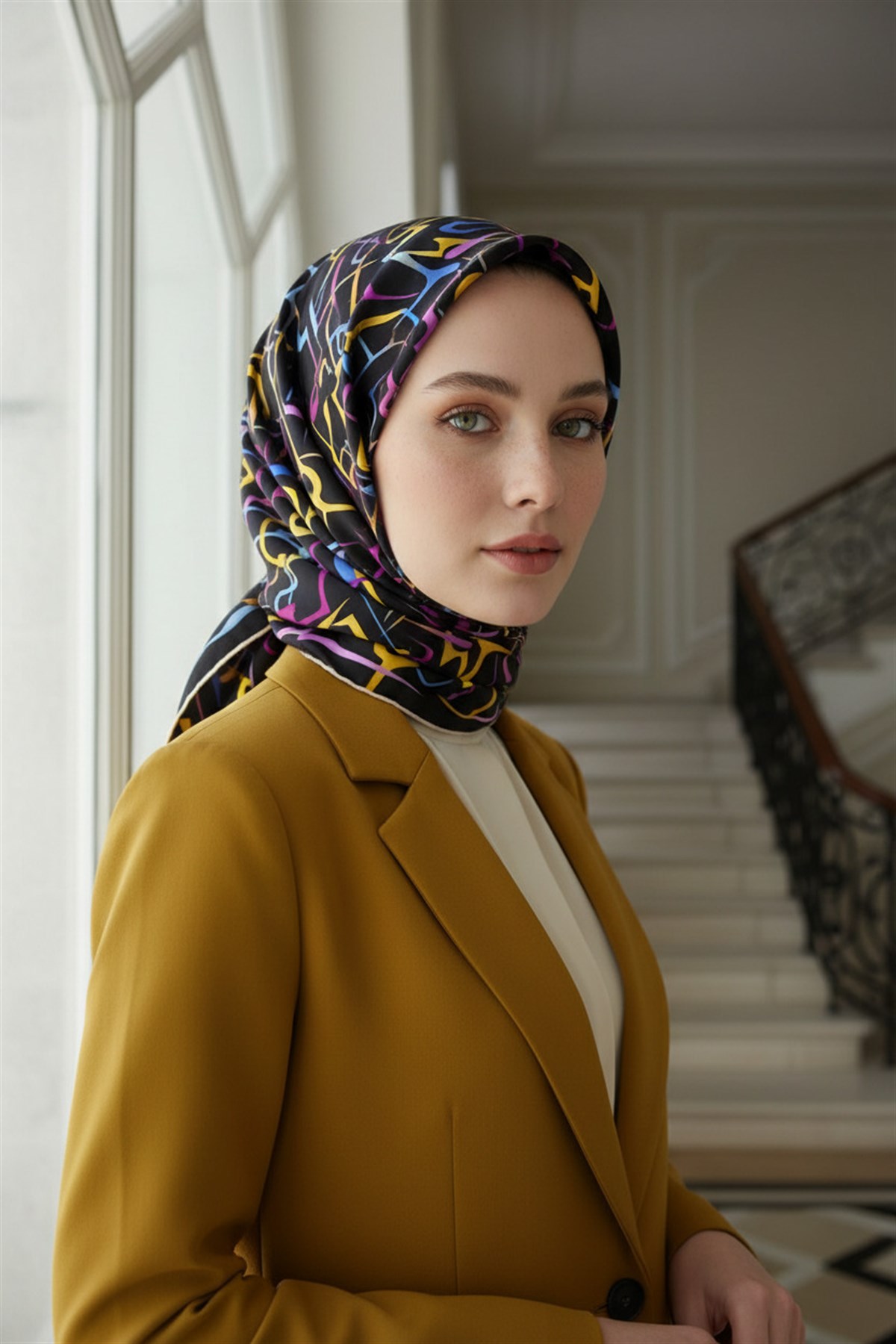 % 57 İPEK % 43 VİSKON Twill İpek Soyut Geometrik Desenli Sarı - Pembe Renkli 90x90 Eşarp Dikim Şekli : El Dikişi