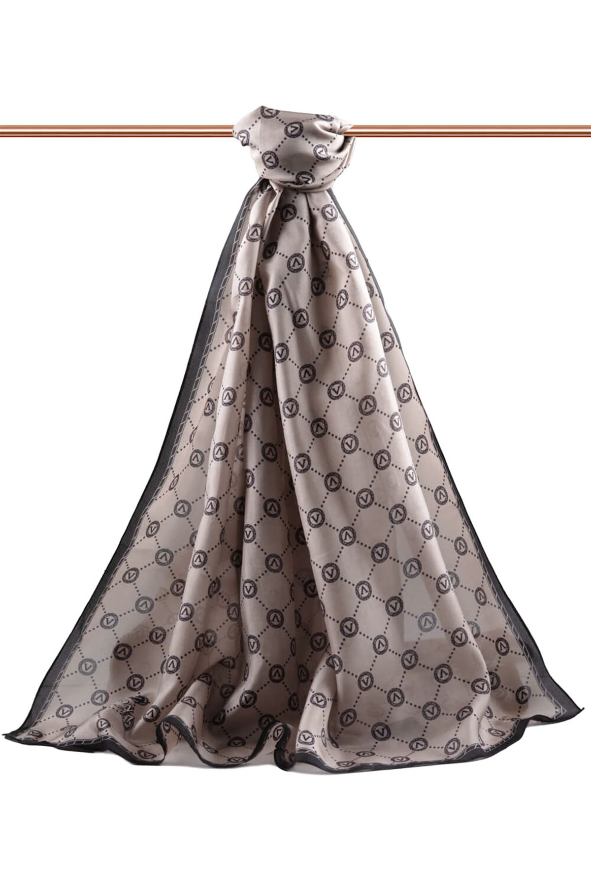 % 100 İpek V Logo Desenli Siyah - Vizon Renkli 90x210 Şal