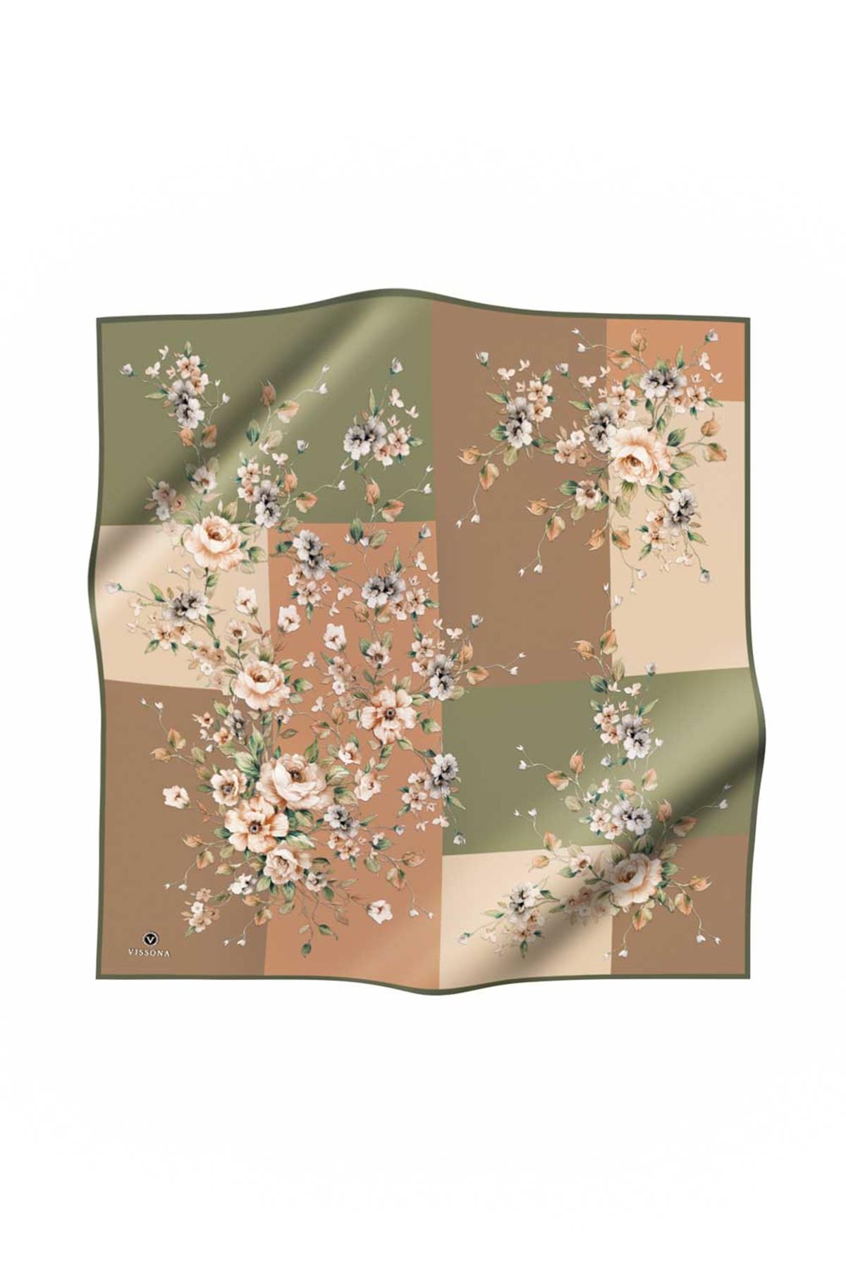 %100 Twill İpek Geometrik Ve Çiçek Desenli Haki Renkli 90x90 Eşarp Dikim Şekli : El Dikişi