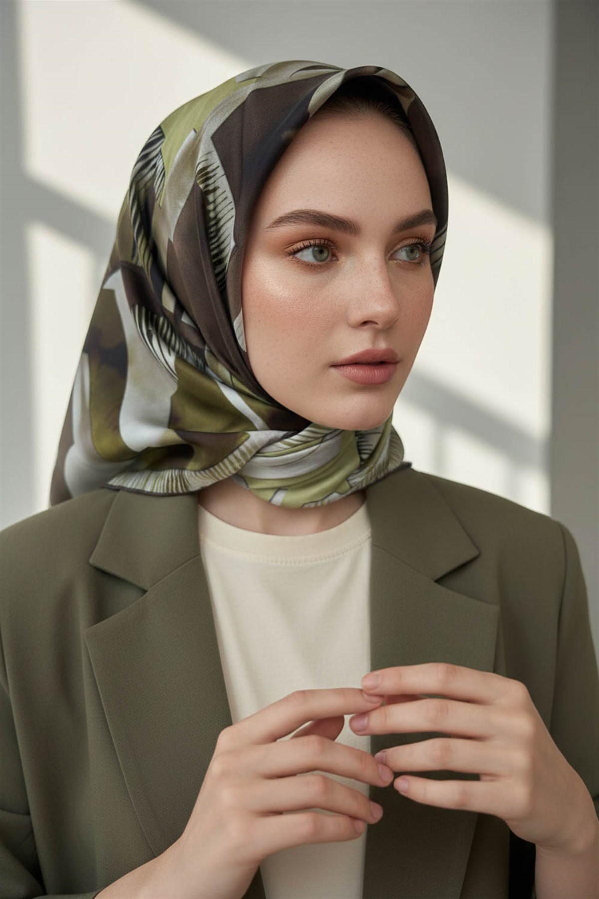 %100 Twill İpek Geometrik Desenli Yağ Yeşili - Sütlü Kahve Renkli 90x90 Eşarp Dikim Şekli : El Dikişi