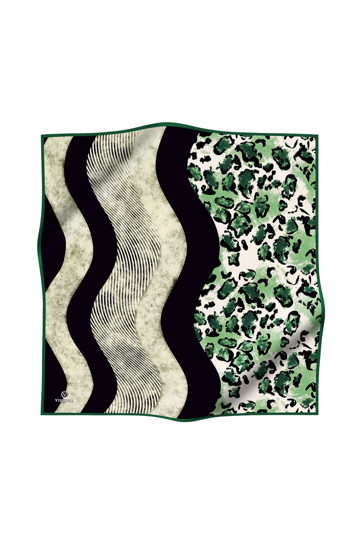 %100 Twill İpek Leopar Ve Geometrik Desenli Zümrüt Yeşili - Haki Renkli 90x90 Eşarp Dikim Şekli : El Dikişi