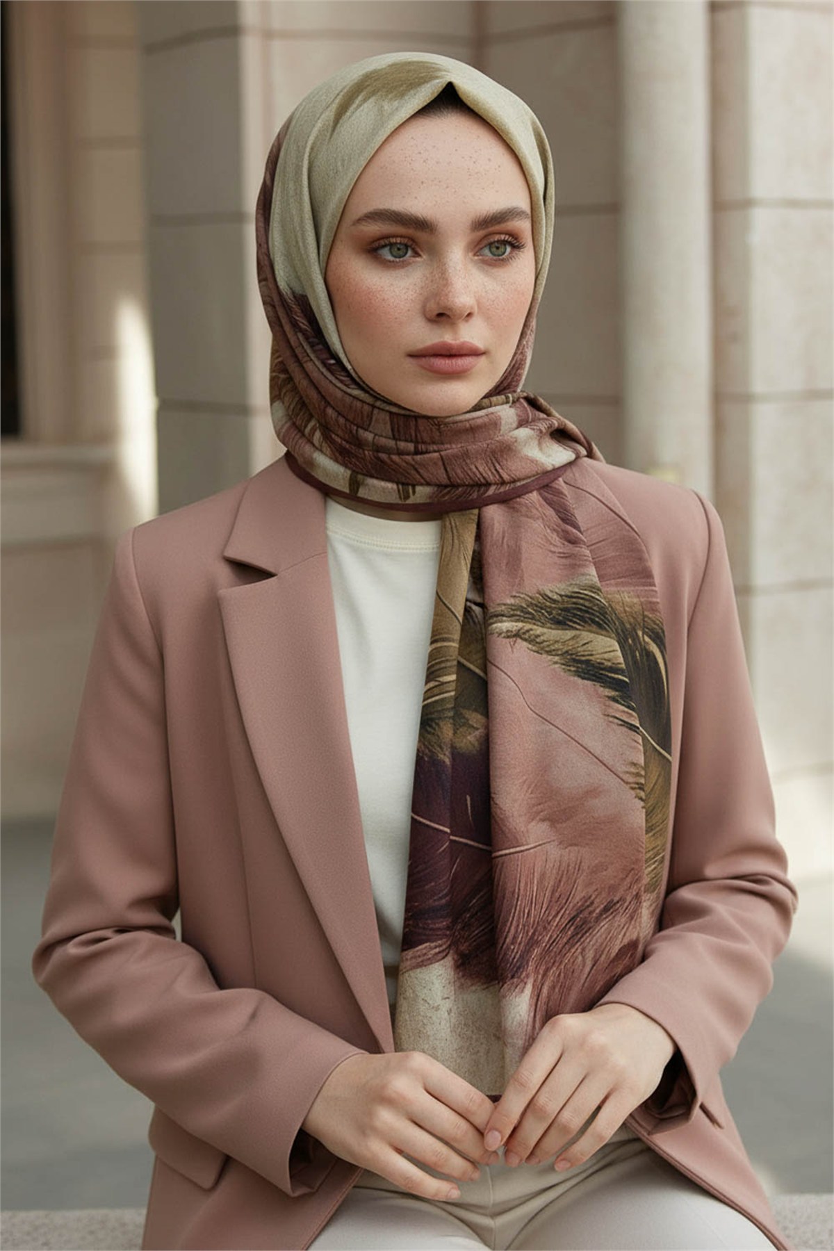 KREP YAPRAK DESENLİ GÜL KURUSU - BEJ RENKLİ 75X195 KIRIŞMAZ ŞAL