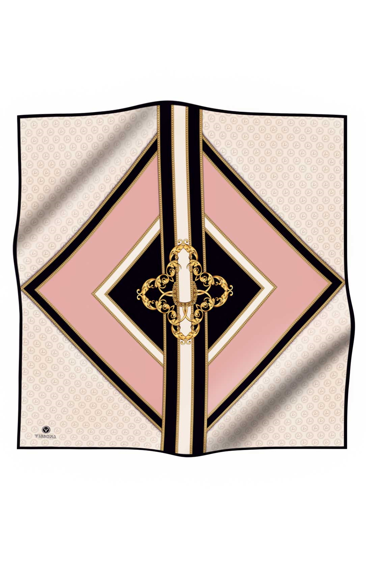 %100 Twill İpek Monogram ve Barok Desenli Pudra - Krem Renkli 90x90 Eşarp Dikim Şekli : El Dikişi