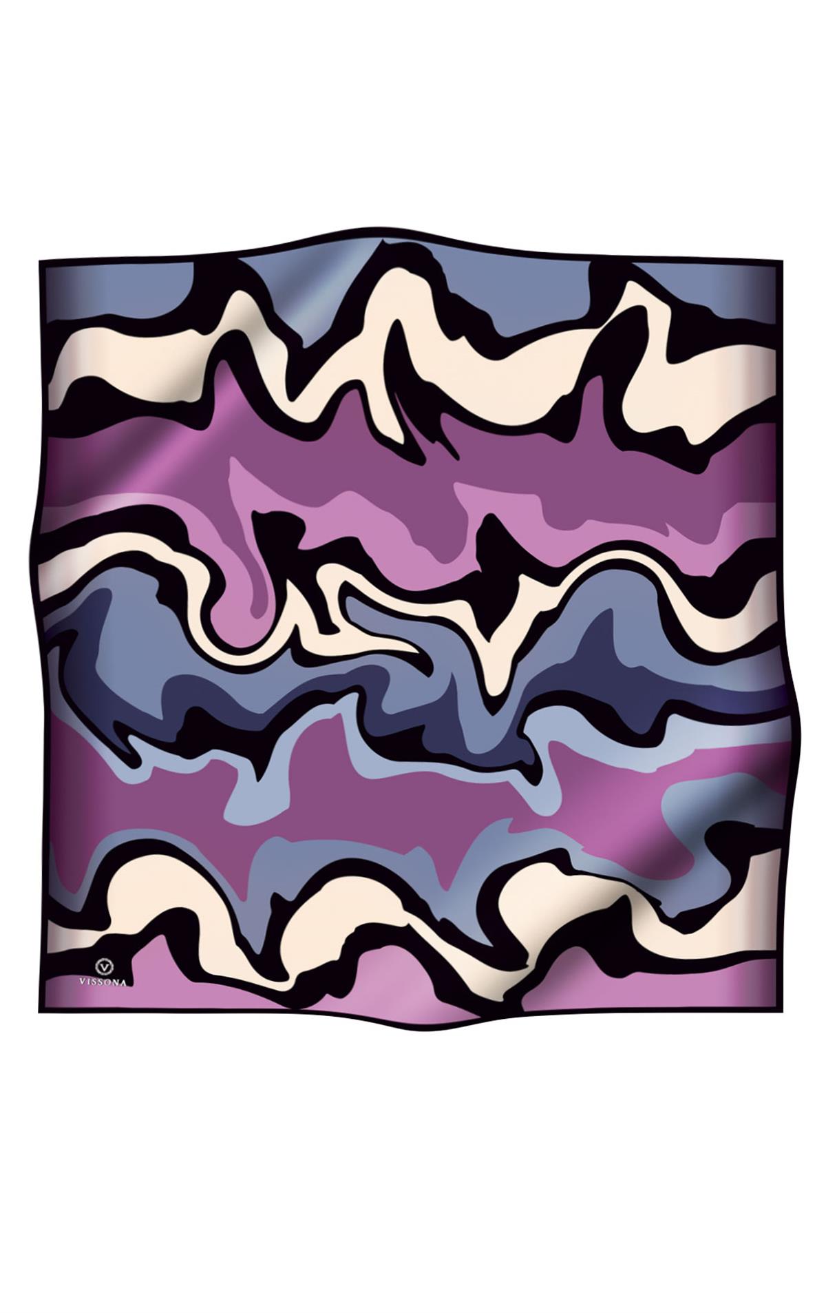 100% Twill İpek Dalga Desenli İndigo - Lila Renkli 90x90 Dikim Şekli : El Dikişi Eşarp