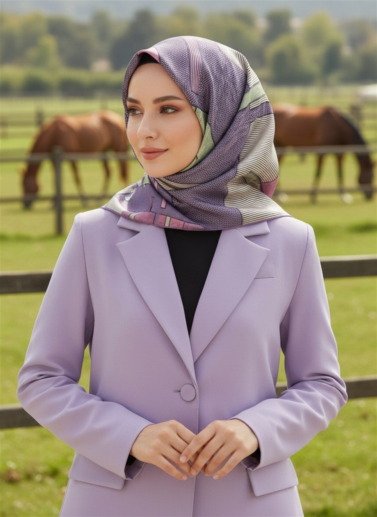 %100 Twill İpek Geometrik Desenli Lila Renkli 90x90 Eşarp Dikim Şekli : El Dikişi