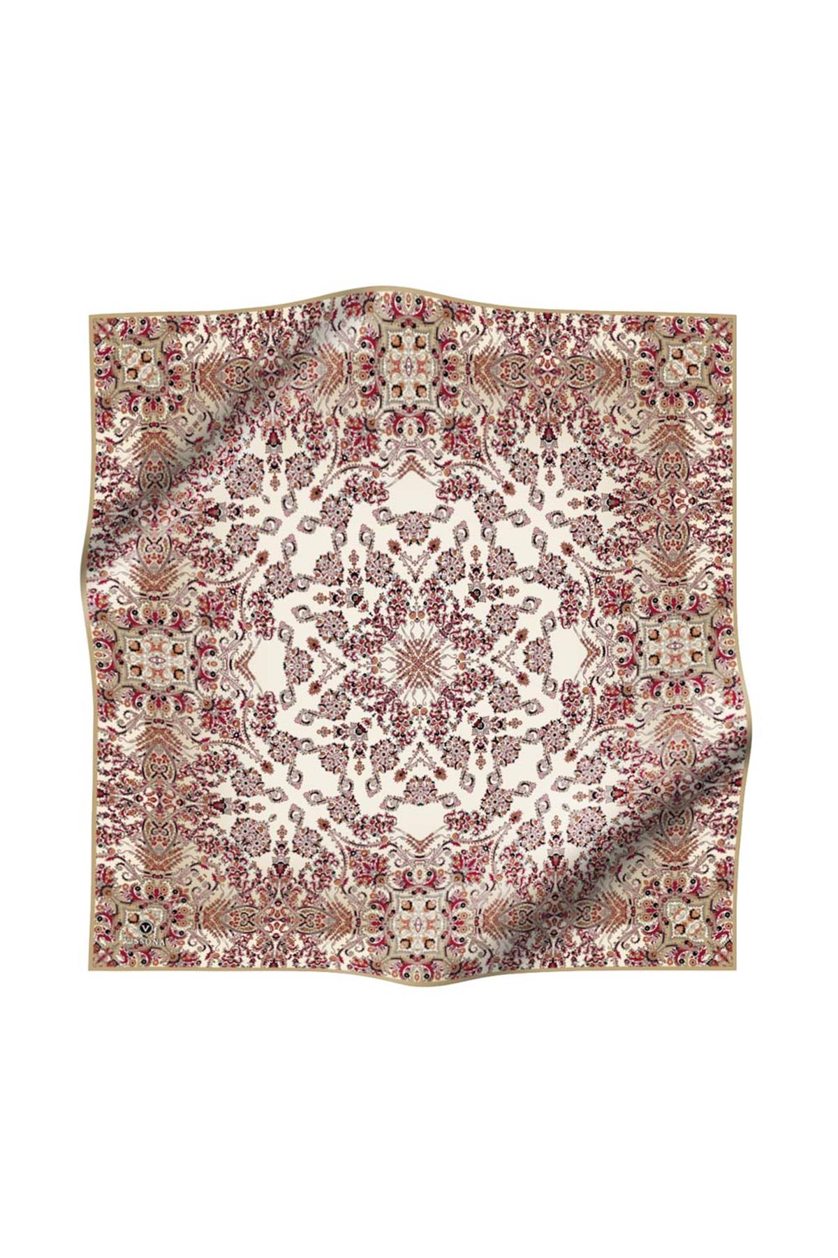 %100 Twill İpek Şal Desenli Krem Renkli 90x90 Eşarp Dikim Şekli : El Dikişi