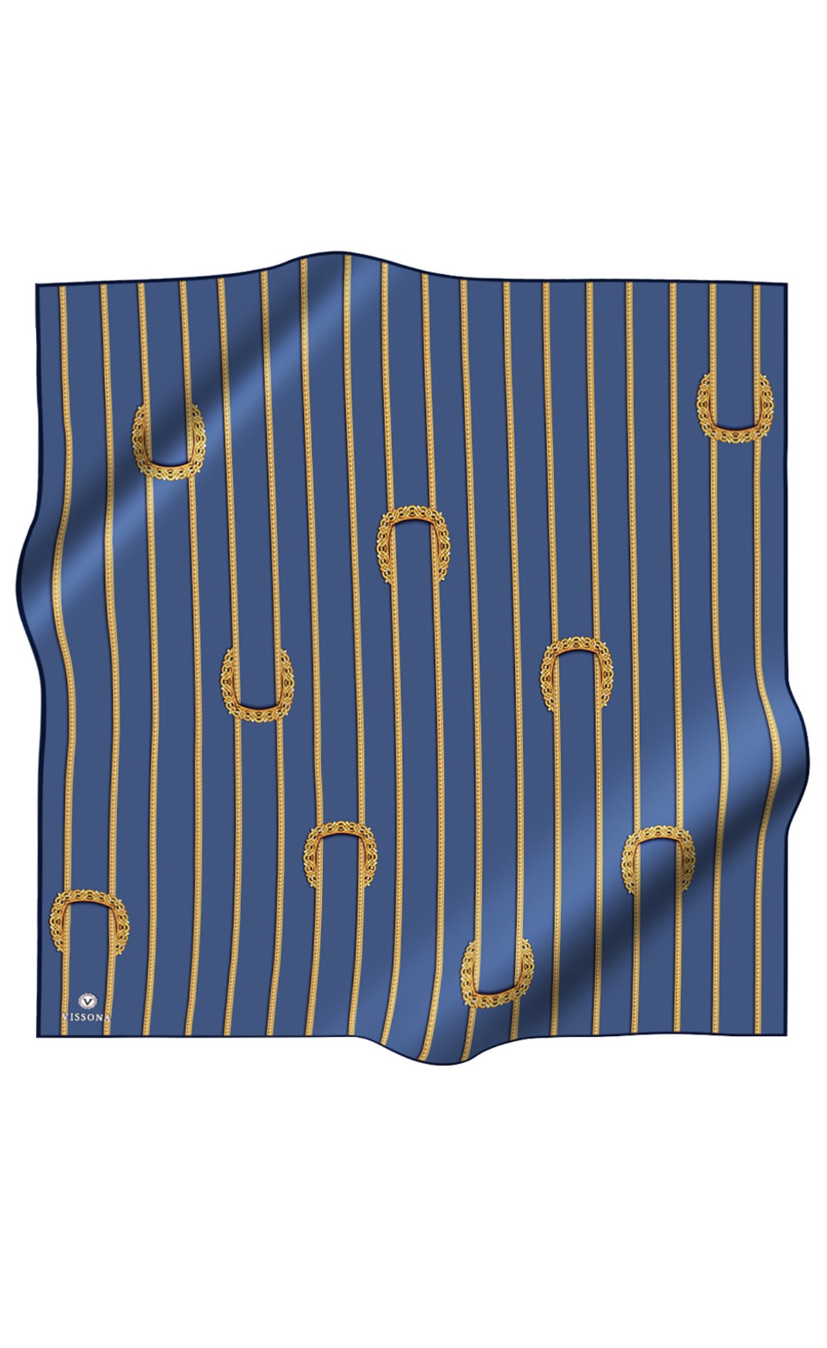 %100 Twill İpek Kemer Desenli Gold - İndigo Renkli 90x90 Eşarp Dikim Şekli : El Dikişi