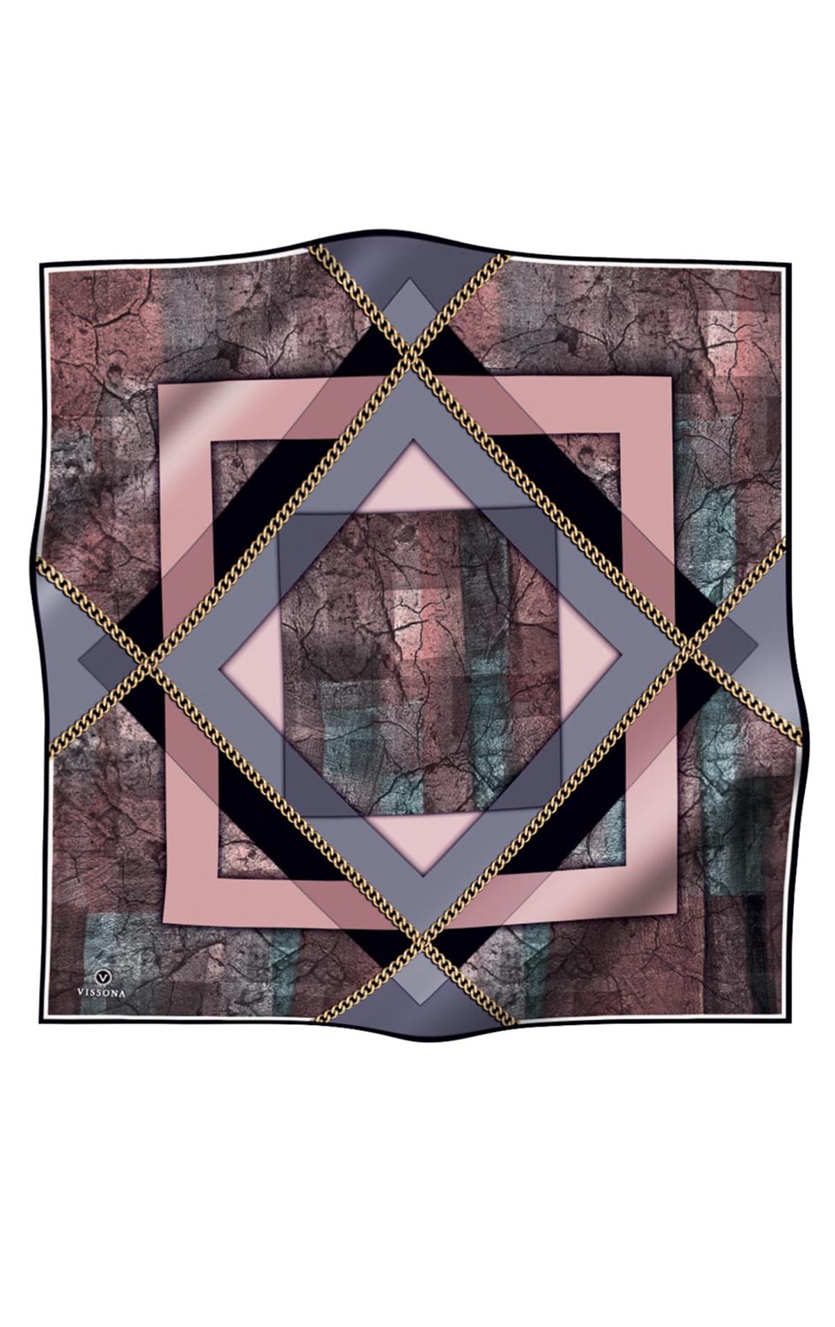 %100 Twill İpek Taş Efekti Desenli Pudra - Gri Renkli 90x90 Eşarp Dikim Şekli : El Dikişi