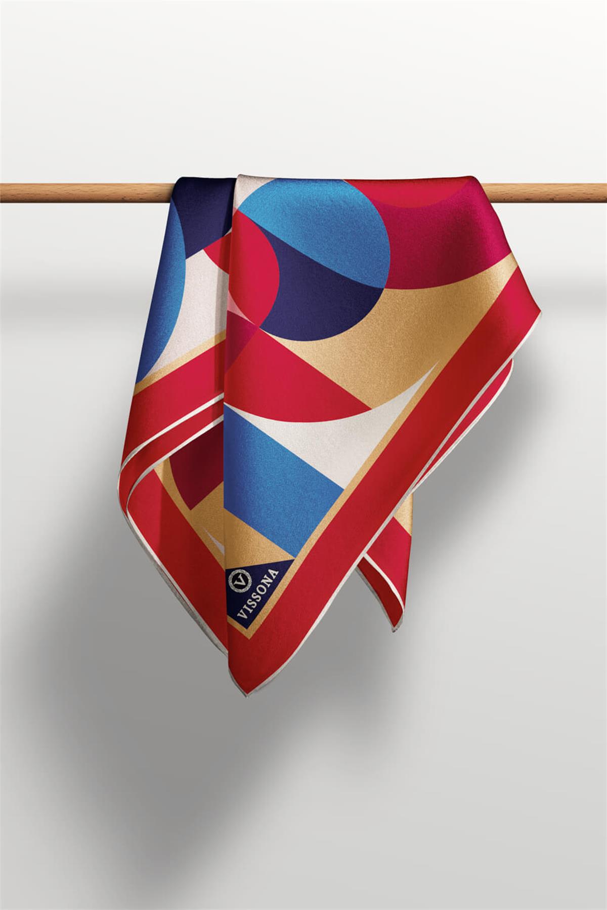 %100 Twill Renk Bloklu Çizgili Desenli Kırmızı - Lacivert Renkli 90x90 Eşarp Dikim Şekli: El Dikişii