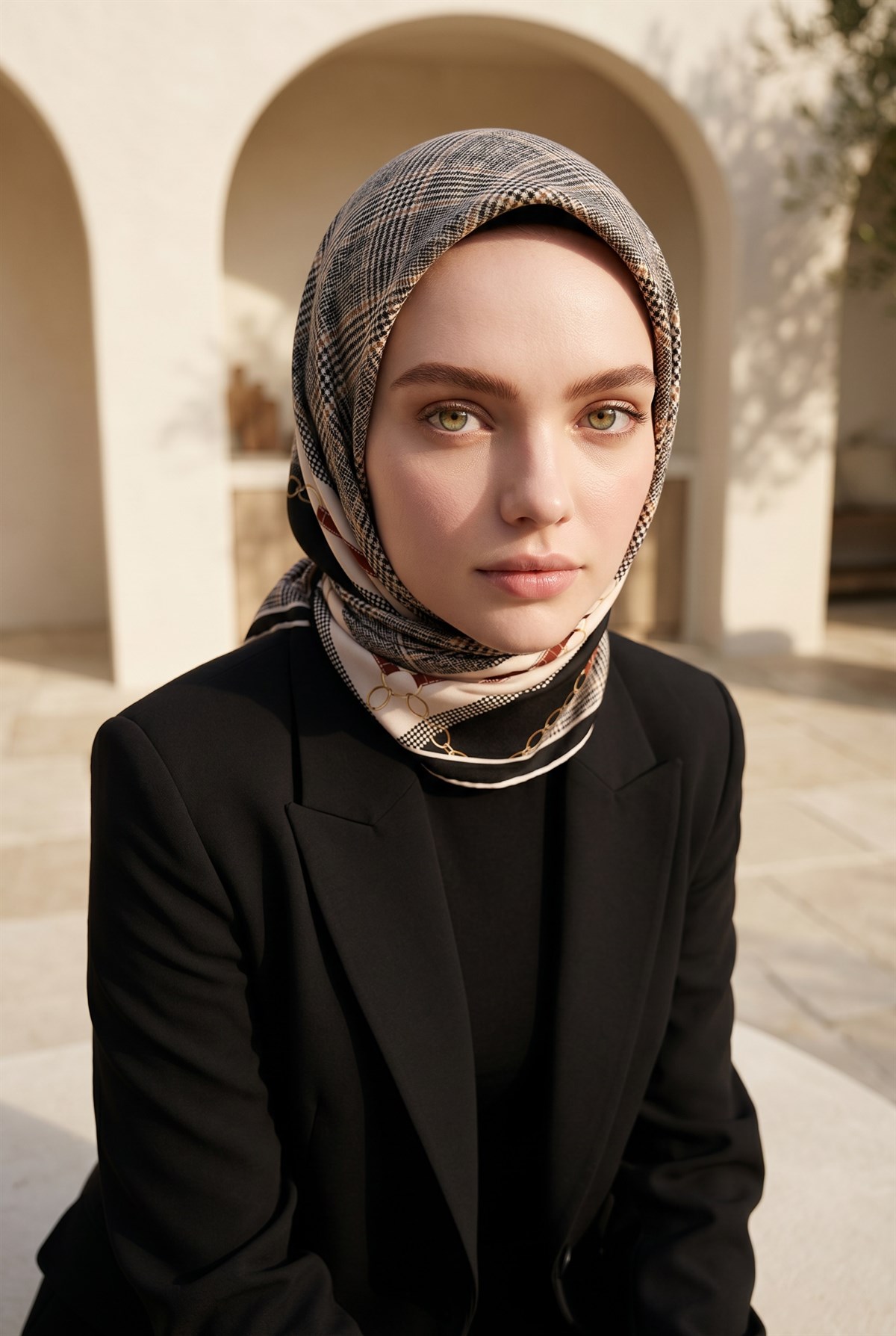 Twill Kemer ve Zincir Detaylı Ekose Desenli Siyah Renkli 90x90 Eşarp (İpek İçermez) Kenar Dikiş Şekli El Dikişli