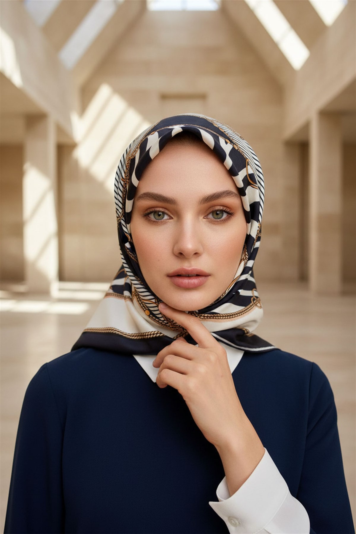 %100 Twill İpek Zincirli Ve Zebra Desenli Lacivert - Krem Renkli 90x90 Eşarp Dikim Şekli : El Dikişi