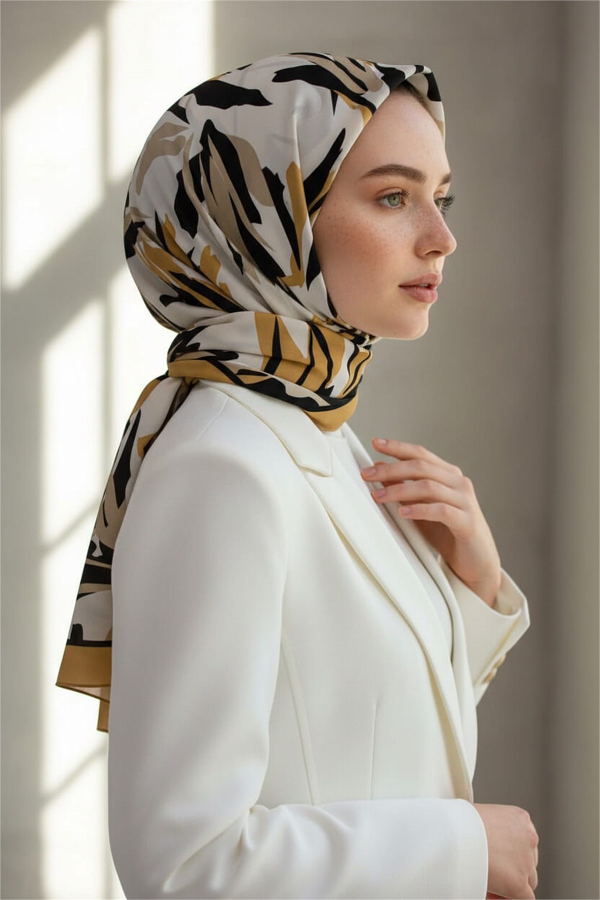 KREP YAPRAK DESENLİ HARDAL RENKLİ 75X195 KIRIŞMAZ ŞAL