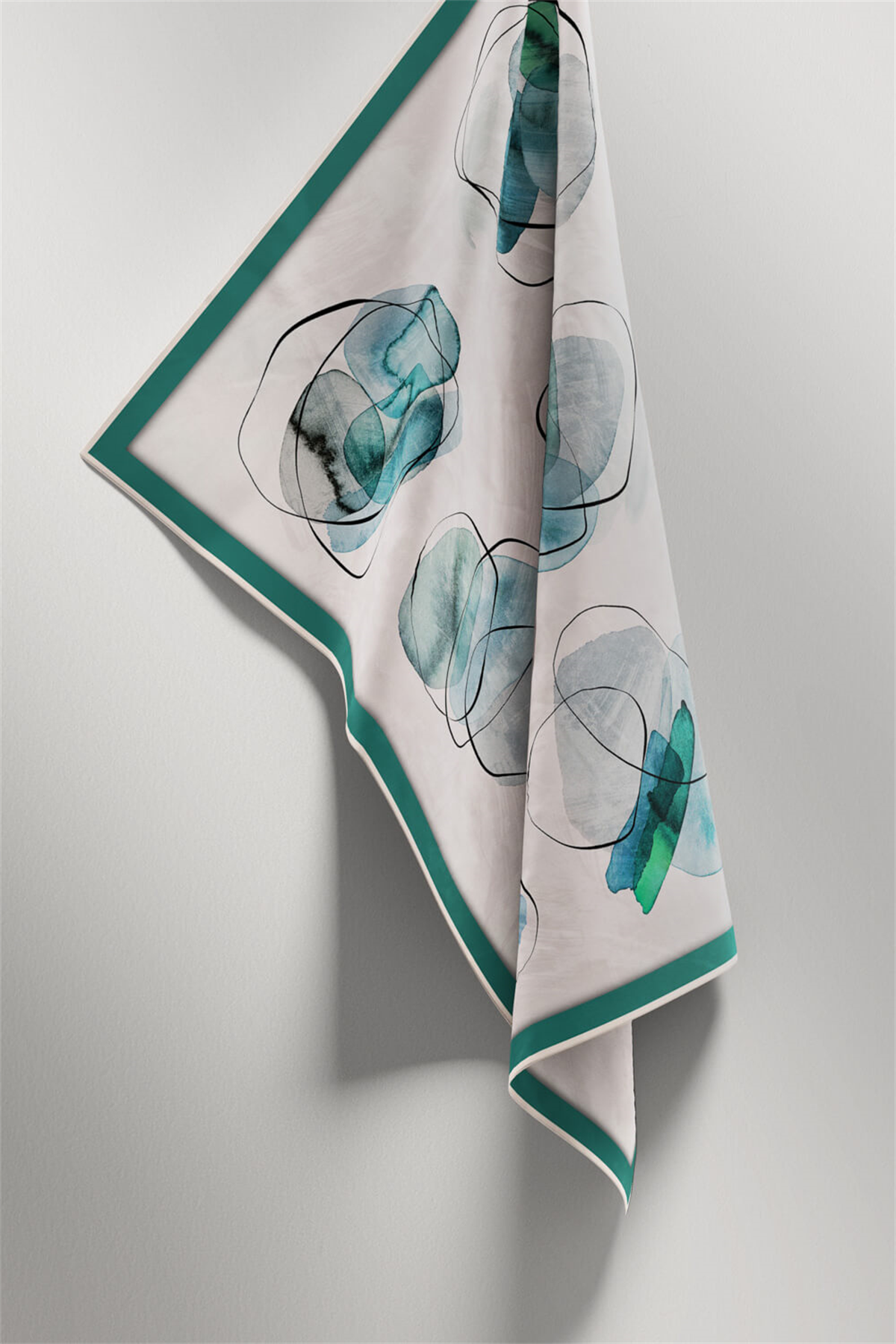 Twill Sulu Boya Geometrik Desenli Petrol Yeşili Renkli 90x90 Eşarp (İpek İçermez) Kenar Dikiş Şekli El Dikişli