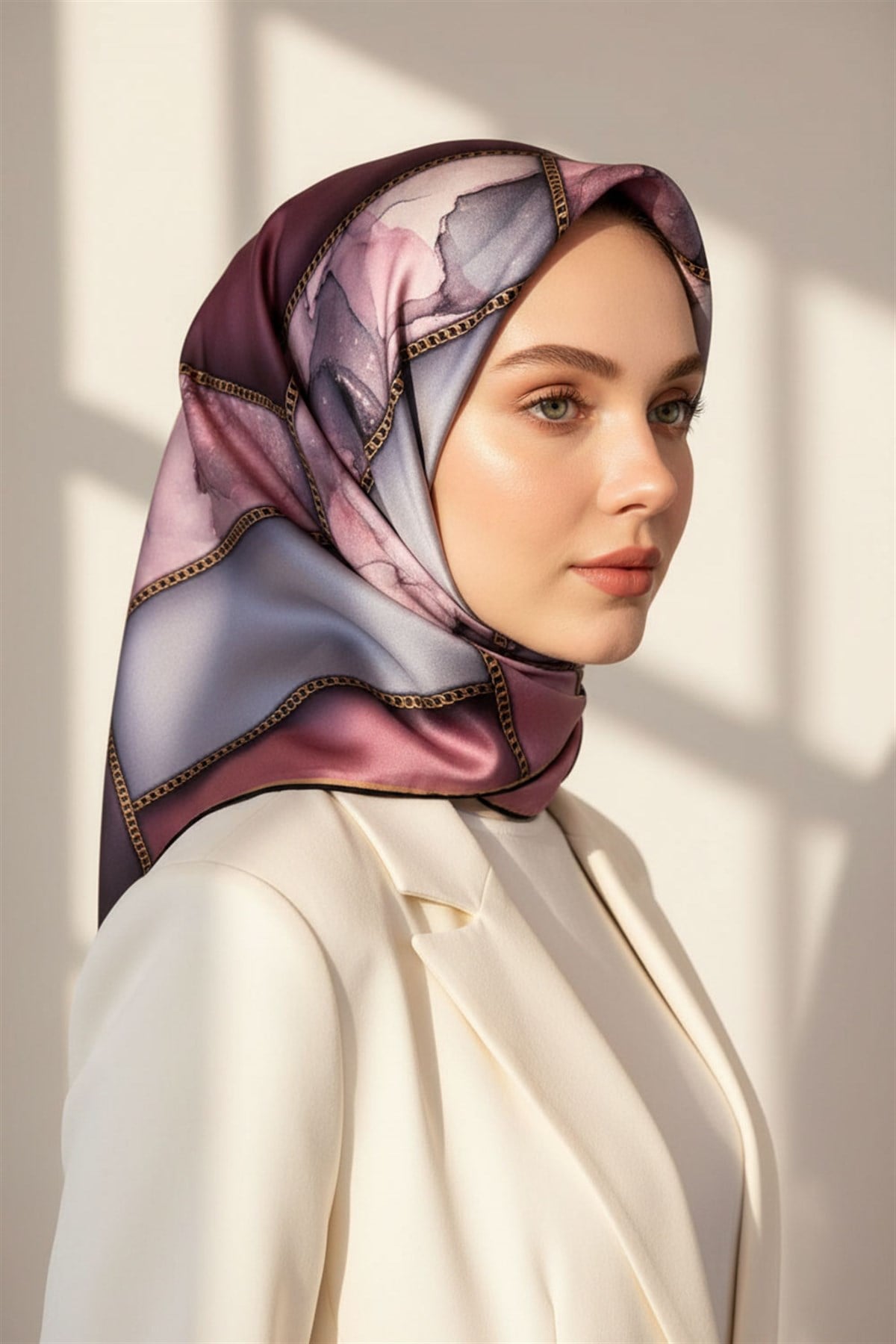% 57 İPEK % 43 VİSKON Twill İpek Efektli Bant Desenli Lila - Gri Renkli 90x90 Eşarp Dikim Şekli : El Dikişi