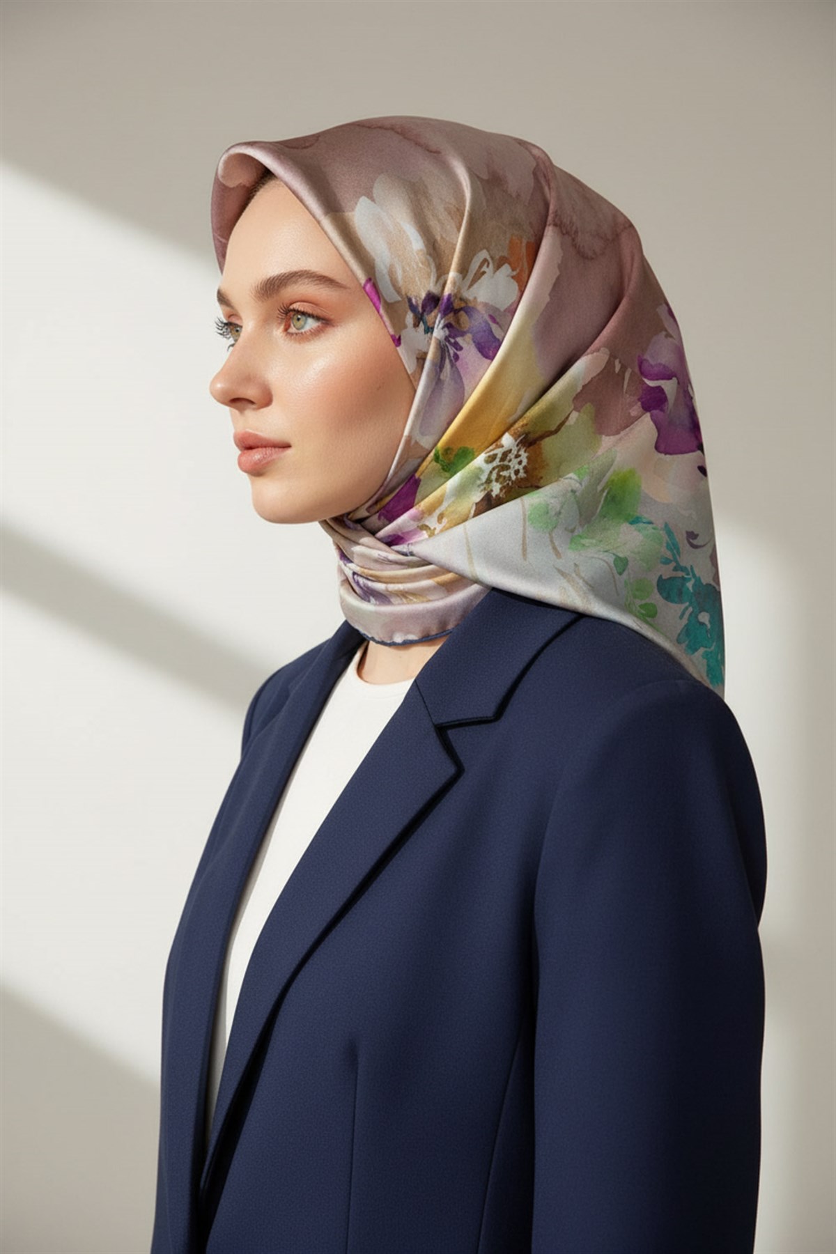 %100 Twill İpek Çiçek  Desenli Lacivert Renkli 90x90 Eşarp Dikim Şekli : El Dikişi