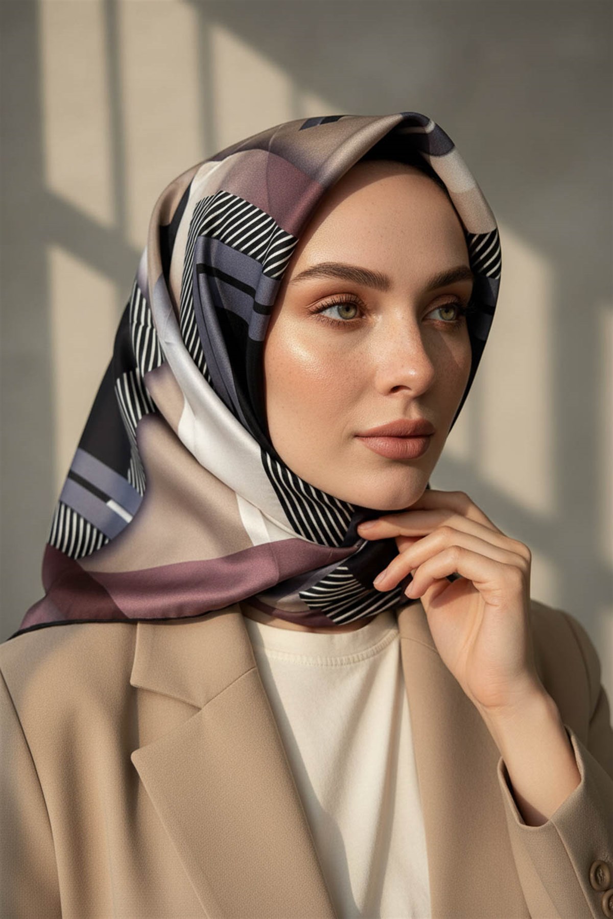 %100 Twill İpek Zebra Desenli Bej - Pudra Renkli 90x90 Eşarp Dikim Şekli : El Dikişi