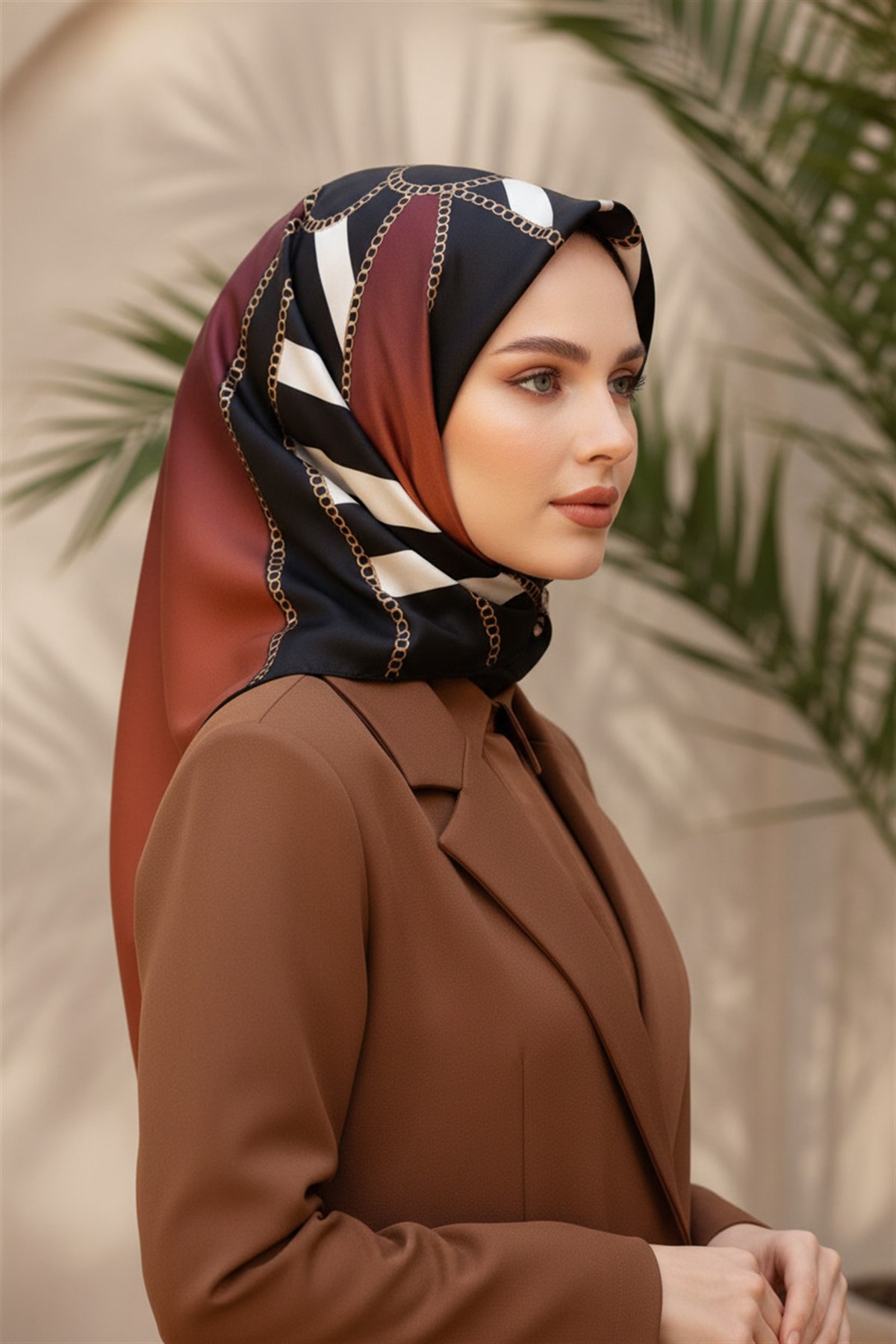 %100 Twill İpek Zincirli Çizgi Desenli Taba - Siyah Renkli 90x90 Eşarp Dikim Şekli : El Dikişi
