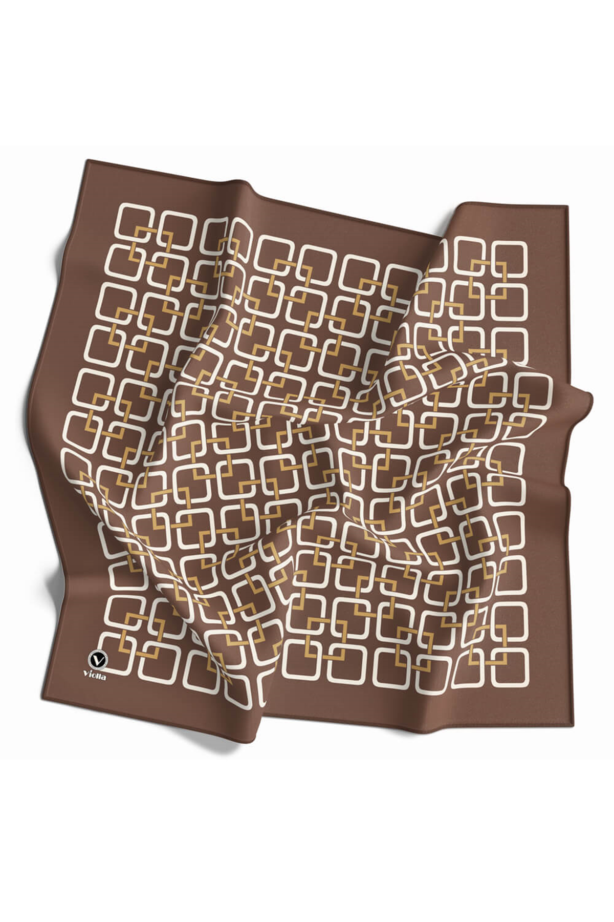 Twill Geometrik Desenli Bakır Renkli 90x90 Eşarp (İpek İçermez) Kenar Dikiş Şekli El Dikişli