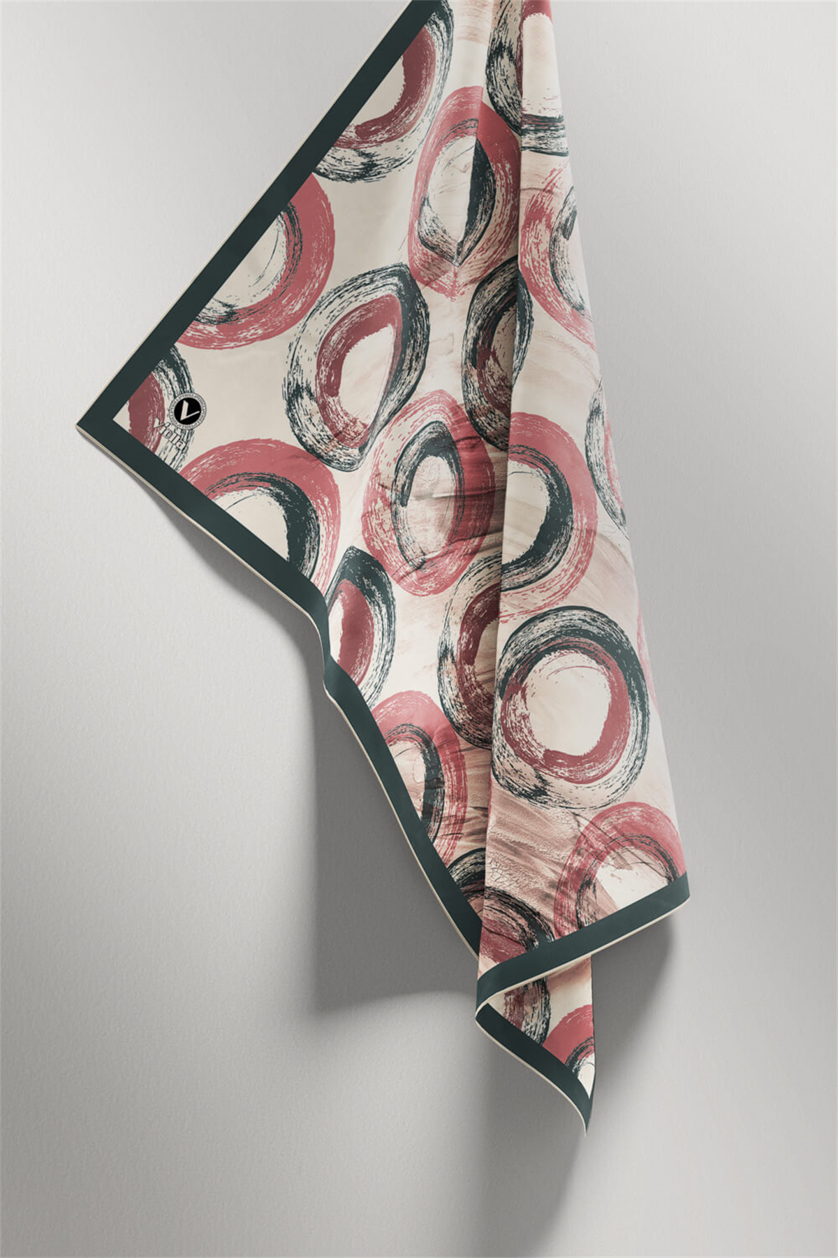 Twill Geometrik Fırça Darbesi Desenli Pudra Renkli 90x90 Eşarp (İpek İçermez) Kenar Dikiş Şekli El Dikişli