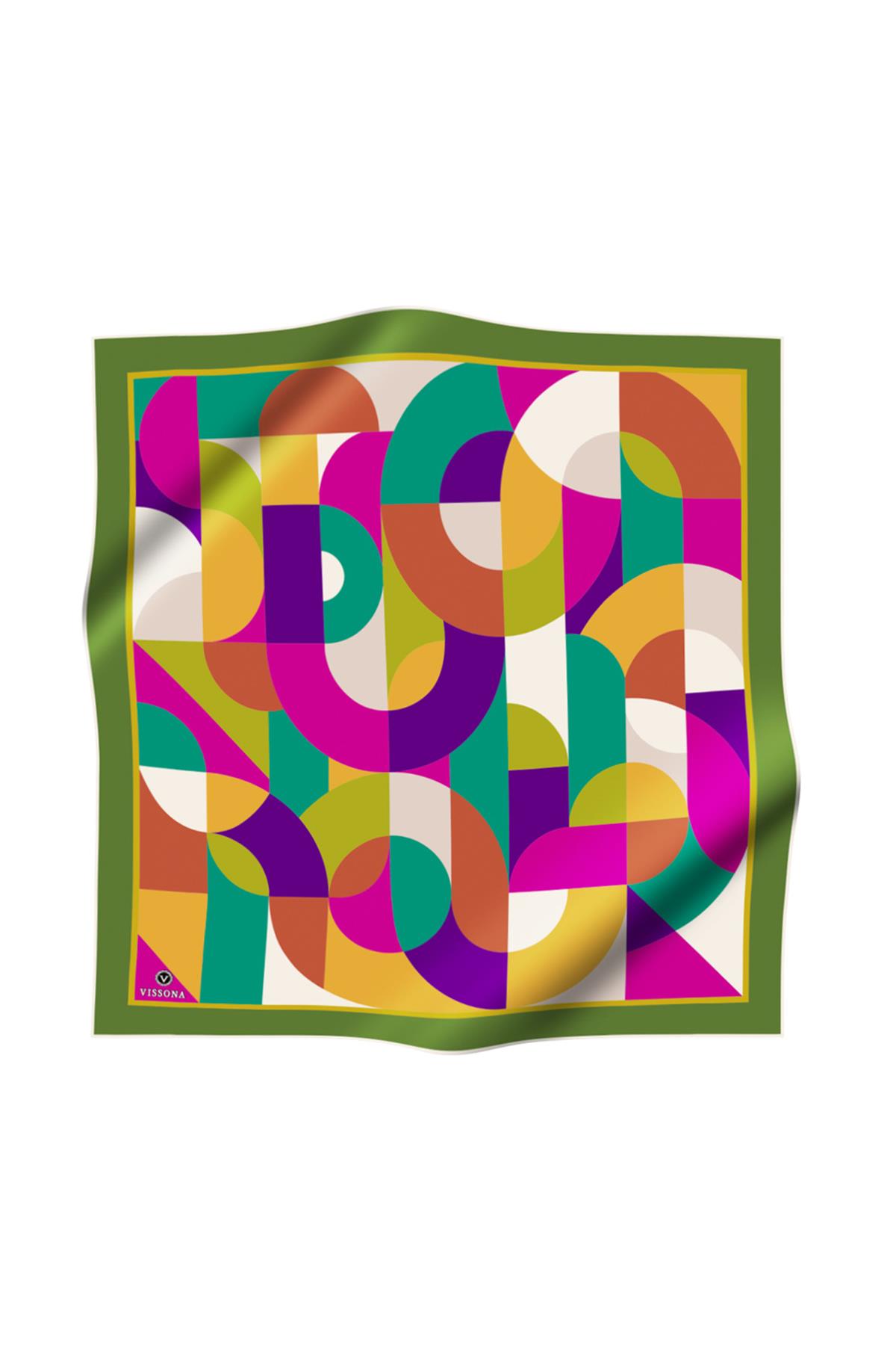 %100 Twill Renk Bloklu Çizgili Desenli Haki - Mor Renkli 90x90 Eşarp Dikim Şekli: El Dikişii