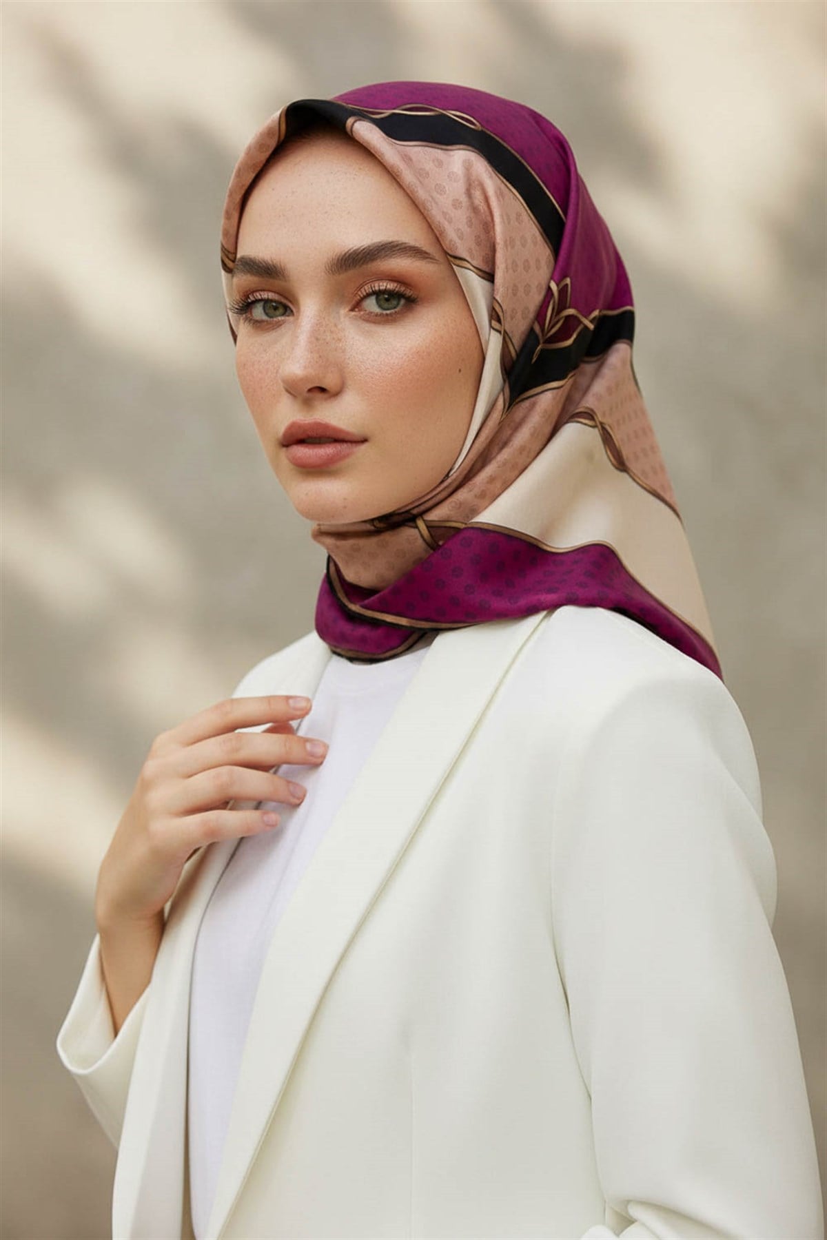 % 57 İPEK % 43 VİSKON Twill İpek Puantiyeli Ve Geometrik Desenli Mürdüm - Krem Renkli 90x90 Eşarp Dikim Şekli : El Dikişi