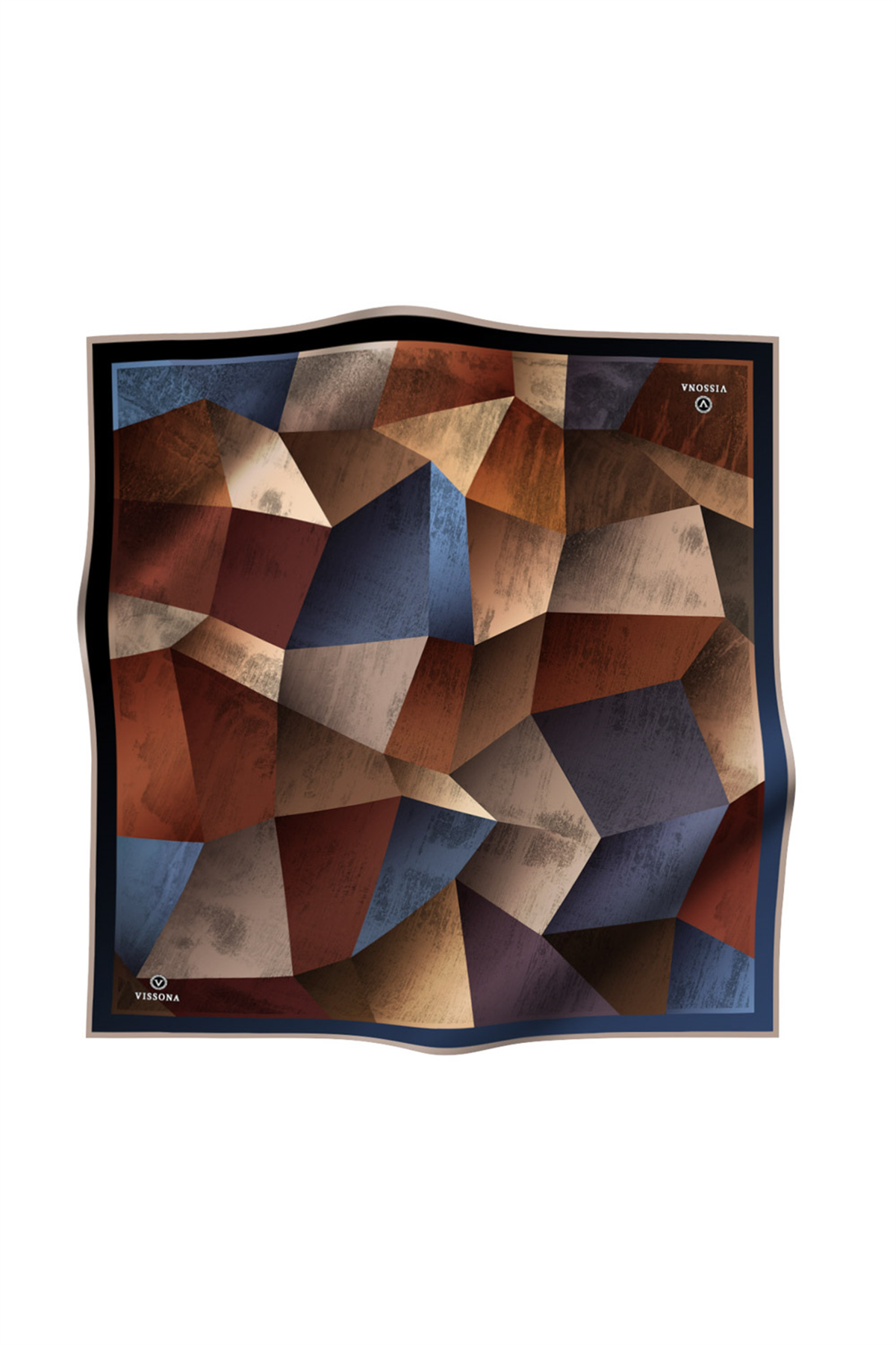 % 57 İPEK % 43 VİSKON Twill İpek Geometrik Desenli Kiremit - İndigo Renkli 90x90 Eşarp Dikim Şekli : El Dikişi