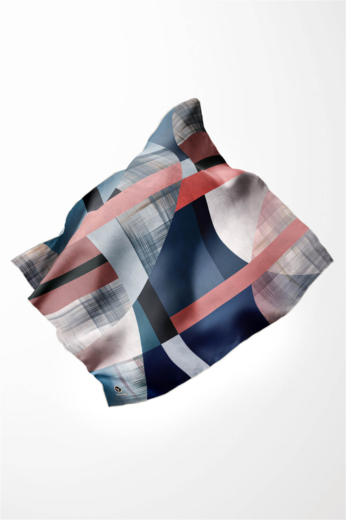 Twill Geometrik Desenli Pudra Renkli 90x90 Eşarp (İpek İçermez) Kenar Dikiş Şekli El Dikişli
