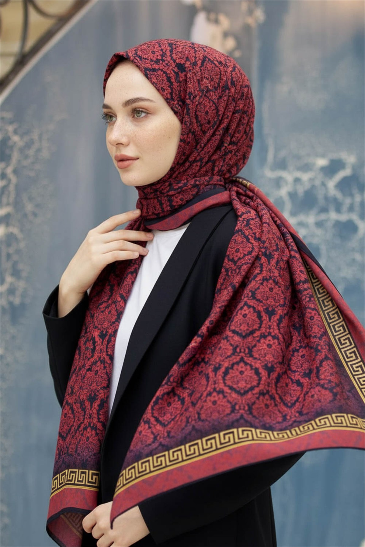 KREP GOLD DETAYLI BAROK DESENLİ BORDO RENKLİ 75X195 KIRIŞMAZ ŞAL