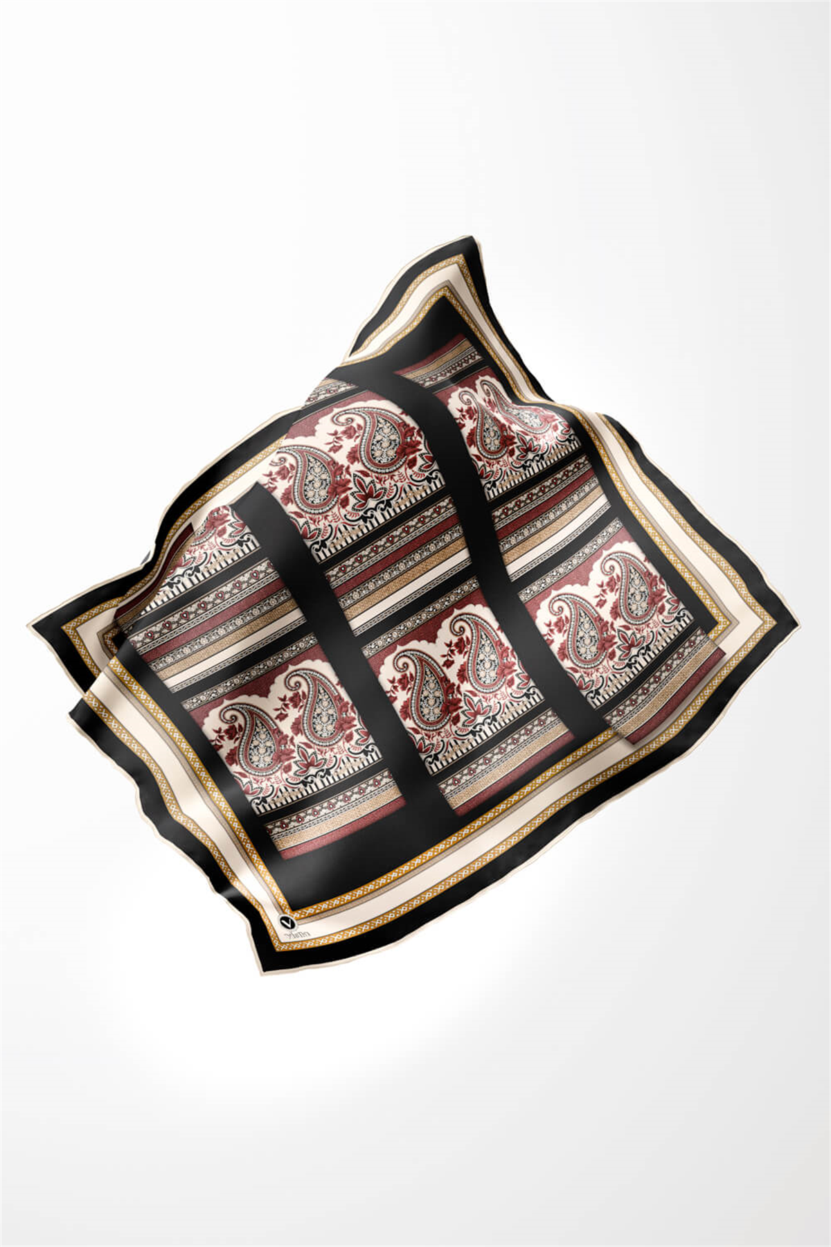 Twill Şal Desenli Siyah Renkli 90x90 Eşarp (İpek İçermez) Kenar Dikiş Şekli El Dikişli