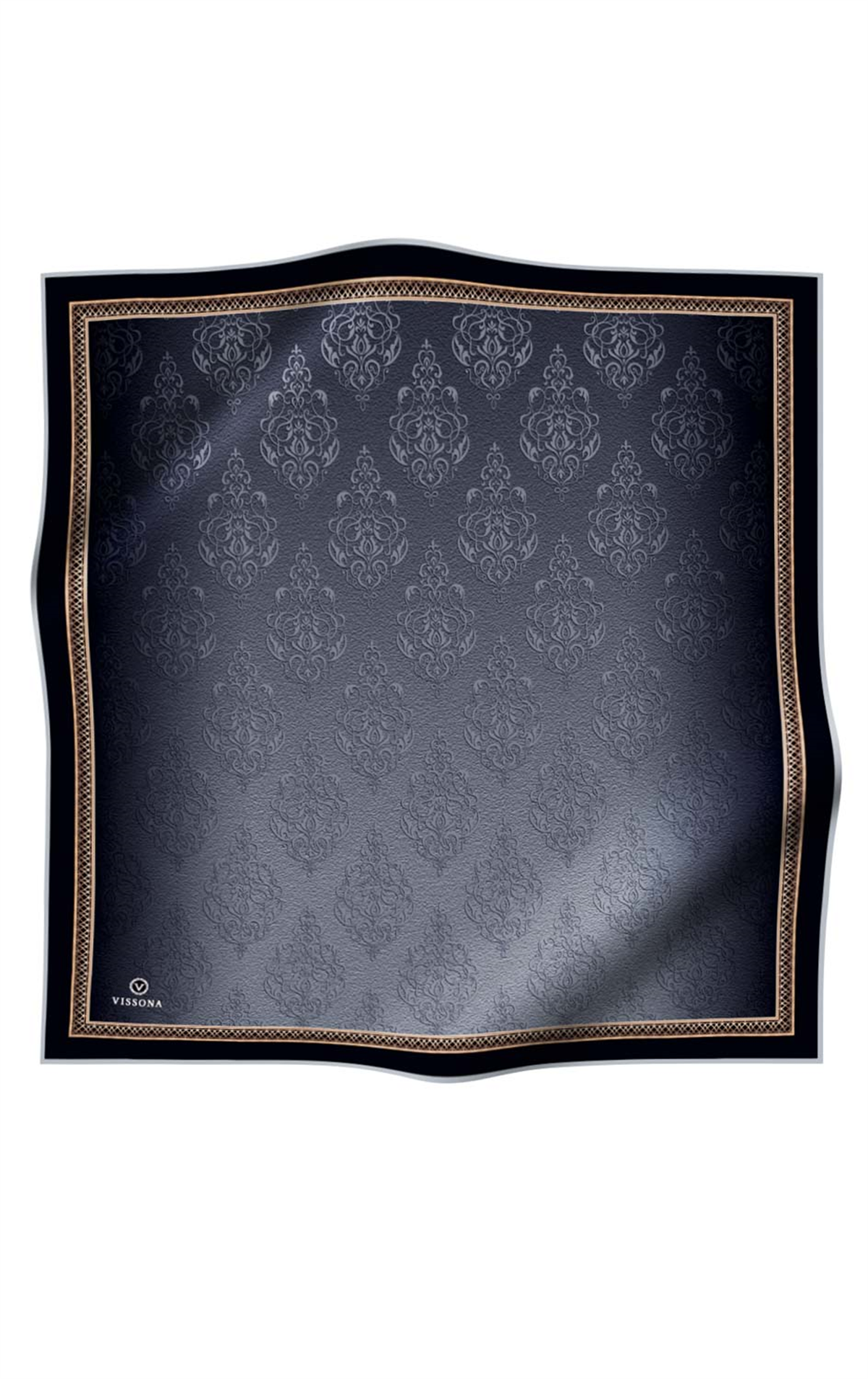 % 57 İPEK % 43 VİSKON Twill Barok Desenli Gümüş Renkli 90x90 Eşarp Dikim Şekli: El Dikişi