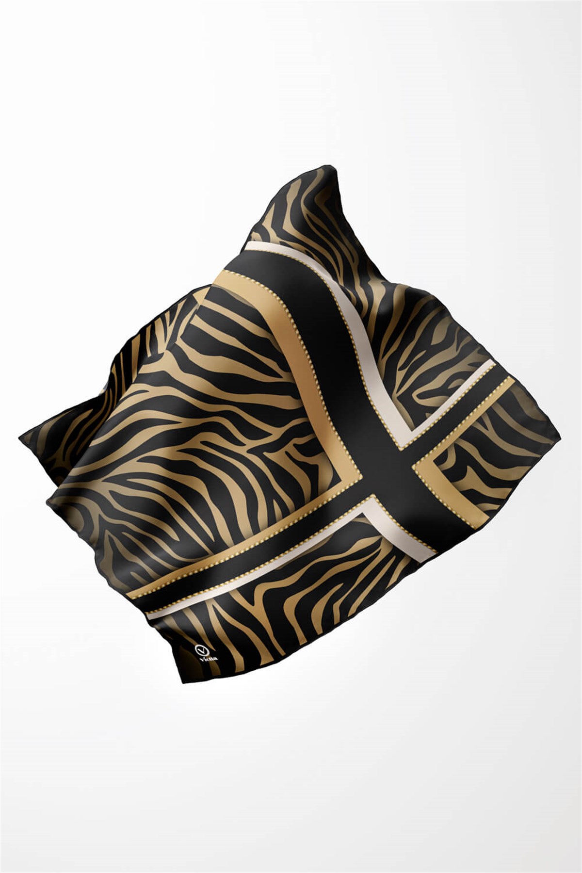 Twill Zebra Desenli Siyah - Gold Renkli 90x90 Eşarp (İpek İçermez) Dikim Şekli : El Dikişi