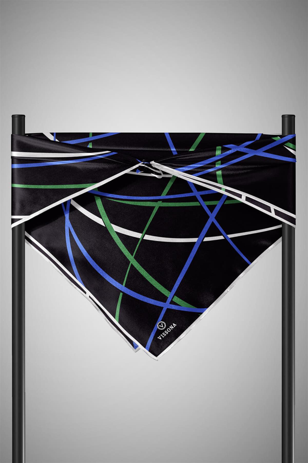 %100 Twill İpek Çizgili Desenli Saks - Zümrüt Yeşili Renkli 90x90 Eşarp Dikim Şekli : El Dikişi