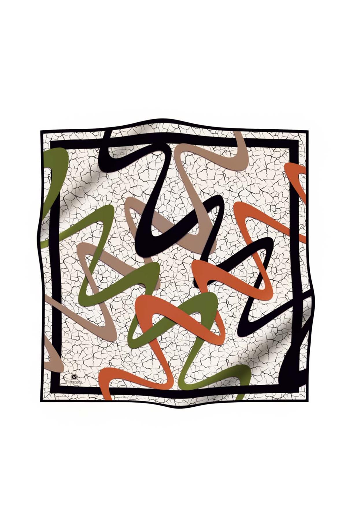 %100 Twill İpek Geometrik Ve Çatlak Desenli Taba - Haki Renkli 90x90 Eşarp Dikim Şekli : El Dikişi